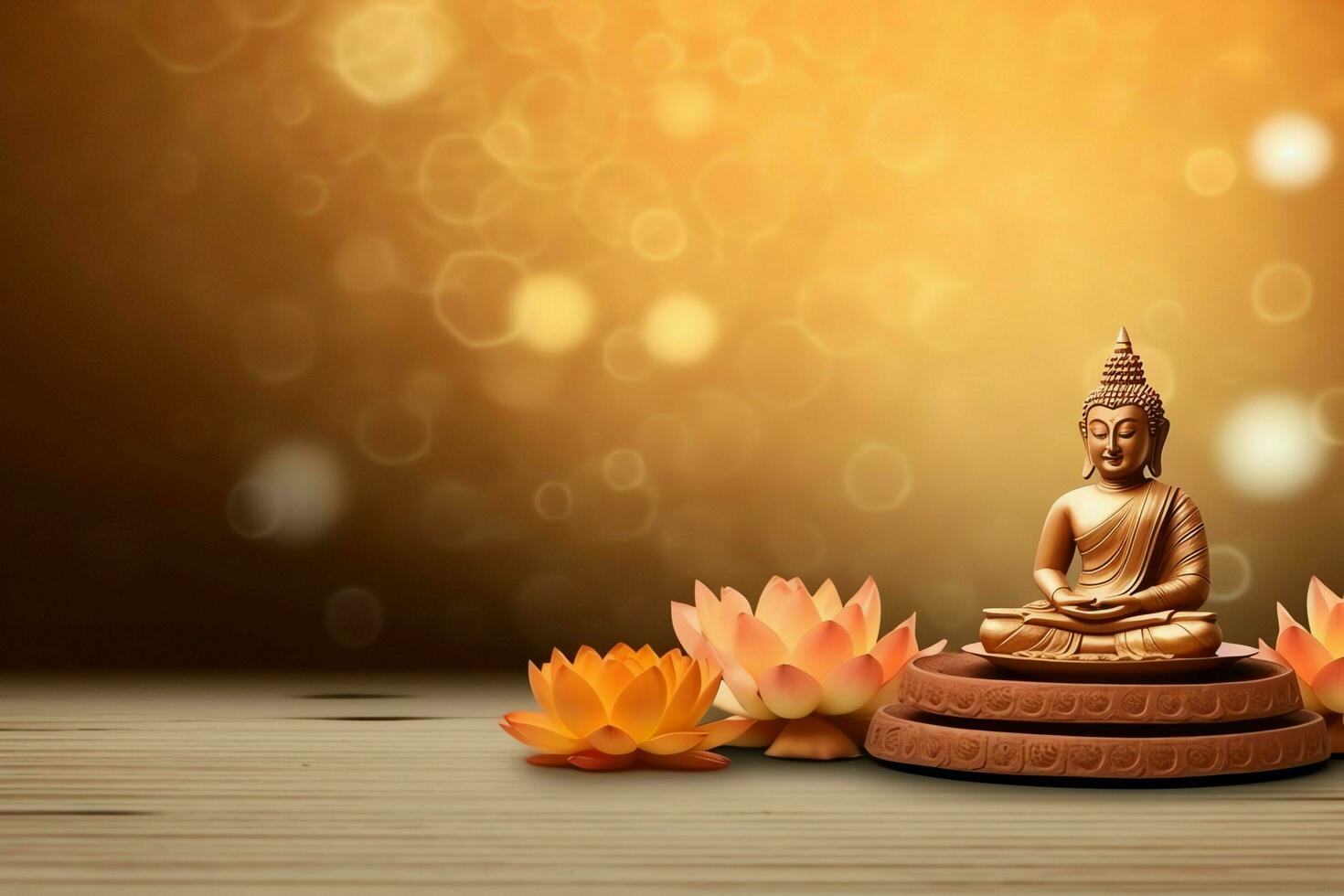 A buddha sits in in vesak buddha purnima day with copy space. Background for vesak festival day concept. Vesak celebration day greetings concept by AI Generated photo
