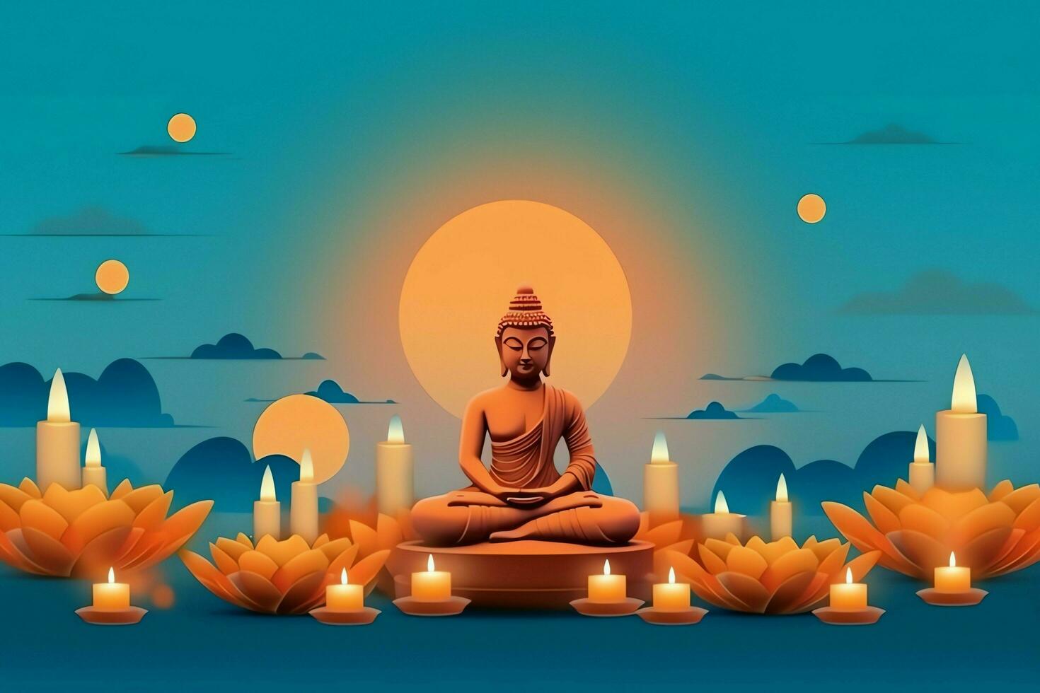 A buddha sits in in vesak buddha purnima day with copy space. Background for vesak festival day concept. Vesak celebration day greetings concept by AI Generated photo