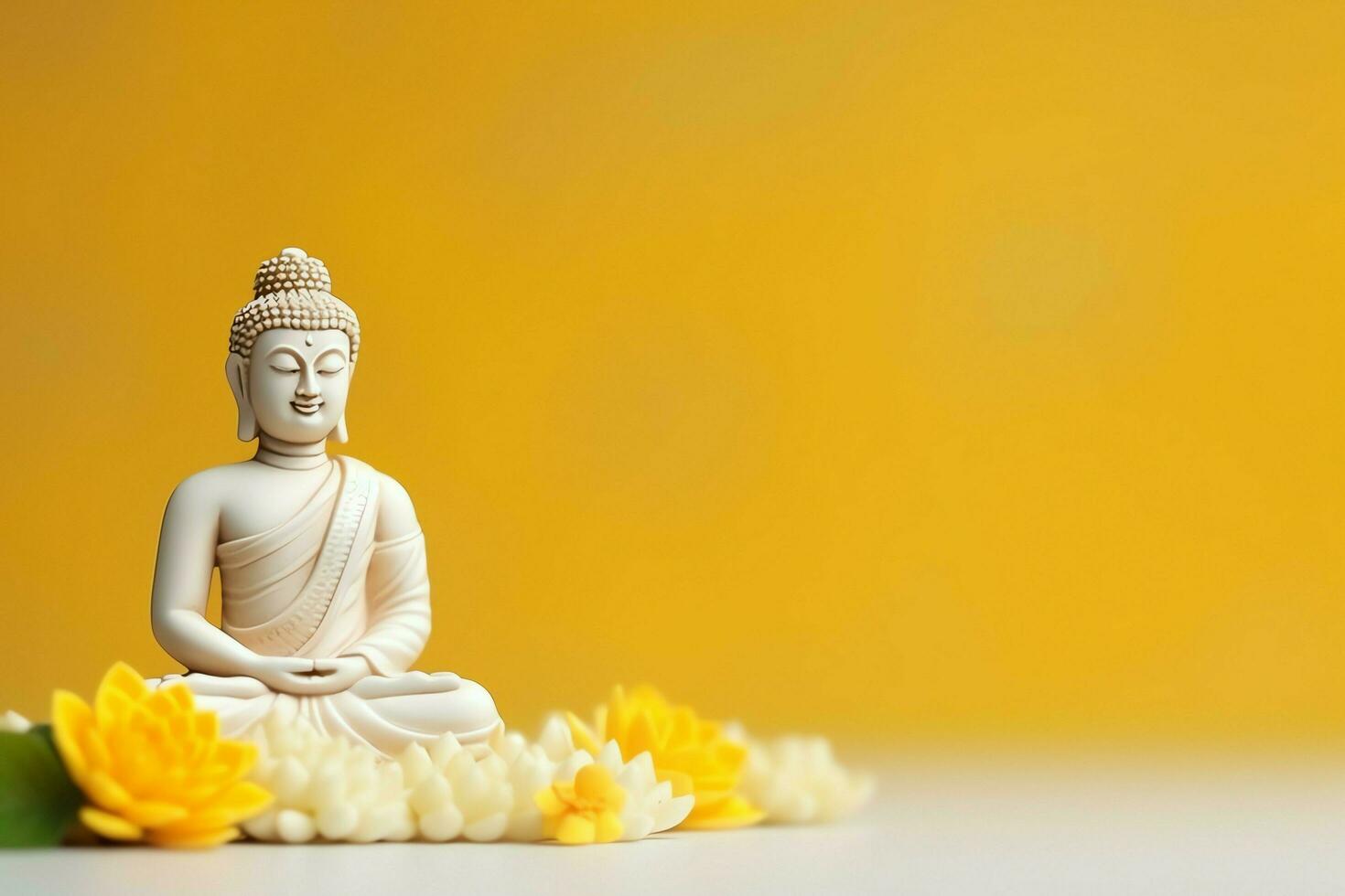 A buddha sits in in vesak buddha purnima day with copy space. Background for vesak festival day concept. Vesak celebration day greetings concept by AI Generated photo