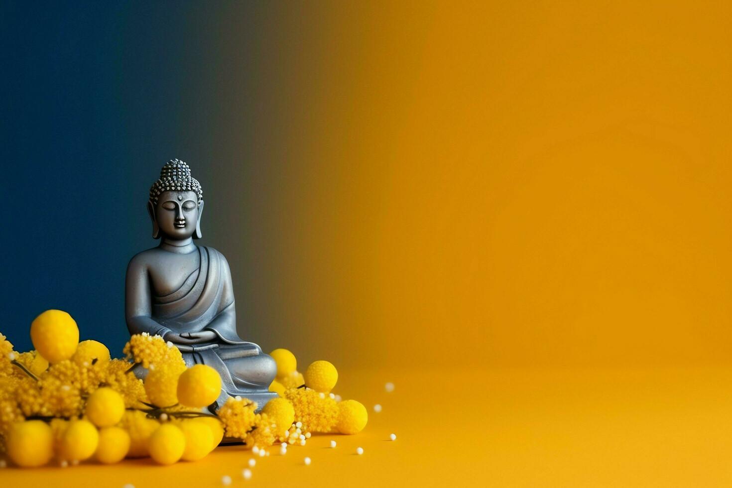 A buddha sits in in vesak buddha purnima day with copy space. Background for vesak festival day concept. Vesak celebration day greetings concept by AI Generated photo