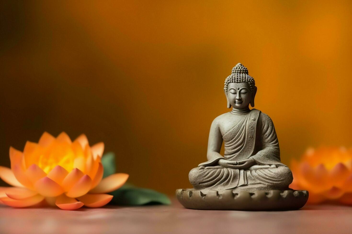 A buddha sits in in vesak buddha purnima day with copy space. Background for vesak festival day concept. Vesak celebration day greetings concept by AI Generated photo