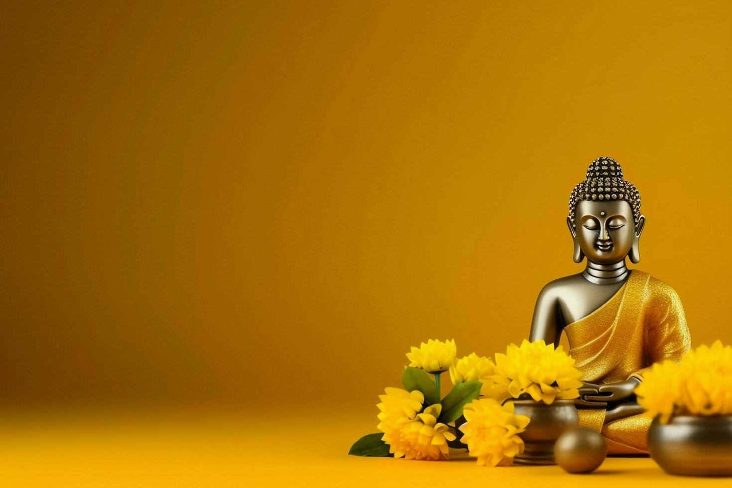 A buddha sits in in vesak buddha purnima day with copy space. Background for vesak festival day concept. Vesak celebration day greetings concept by AI Generated photo