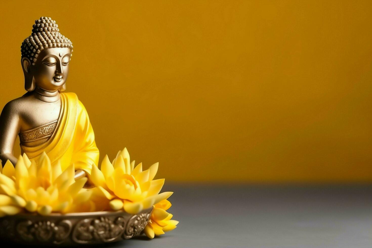 A buddha sits in in vesak buddha purnima day with copy space. Background for vesak festival day concept. Vesak celebration day greetings concept by AI Generated photo