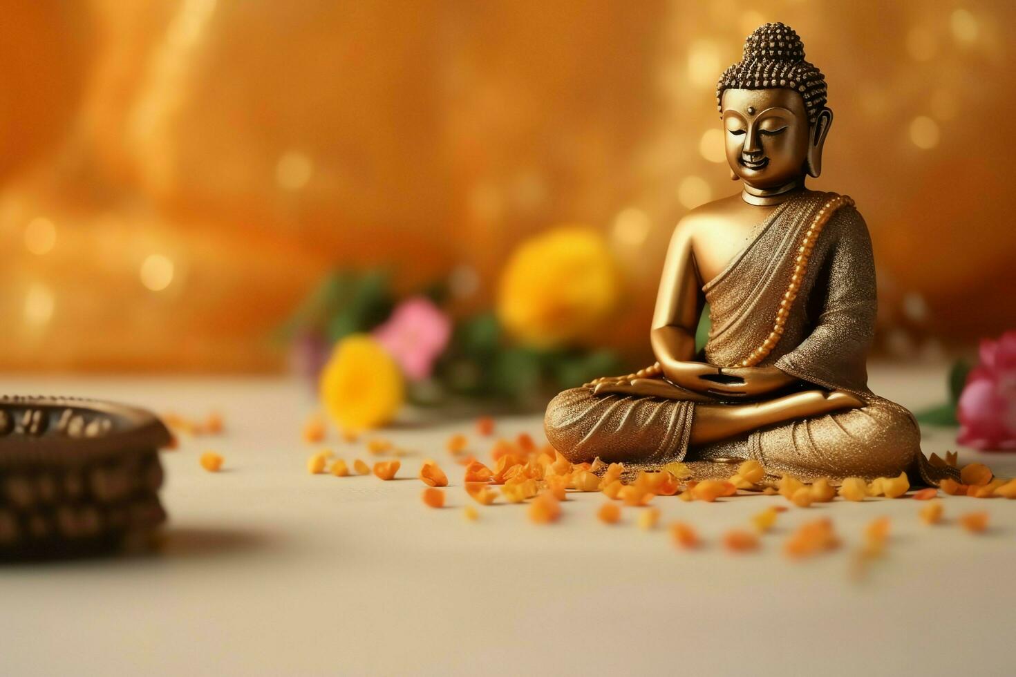 A buddha sits in in vesak buddha purnima day with copy space. Background for vesak festival day concept. Vesak celebration day greetings concept by AI Generated photo