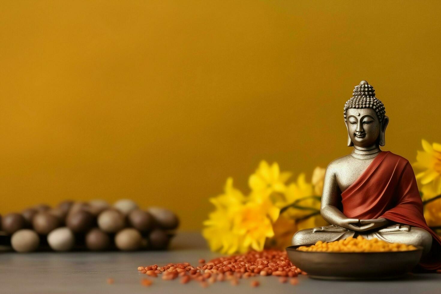 A buddha sits in in vesak buddha purnima day with copy space. Background for vesak festival day concept. Vesak celebration day greetings concept by AI Generated photo