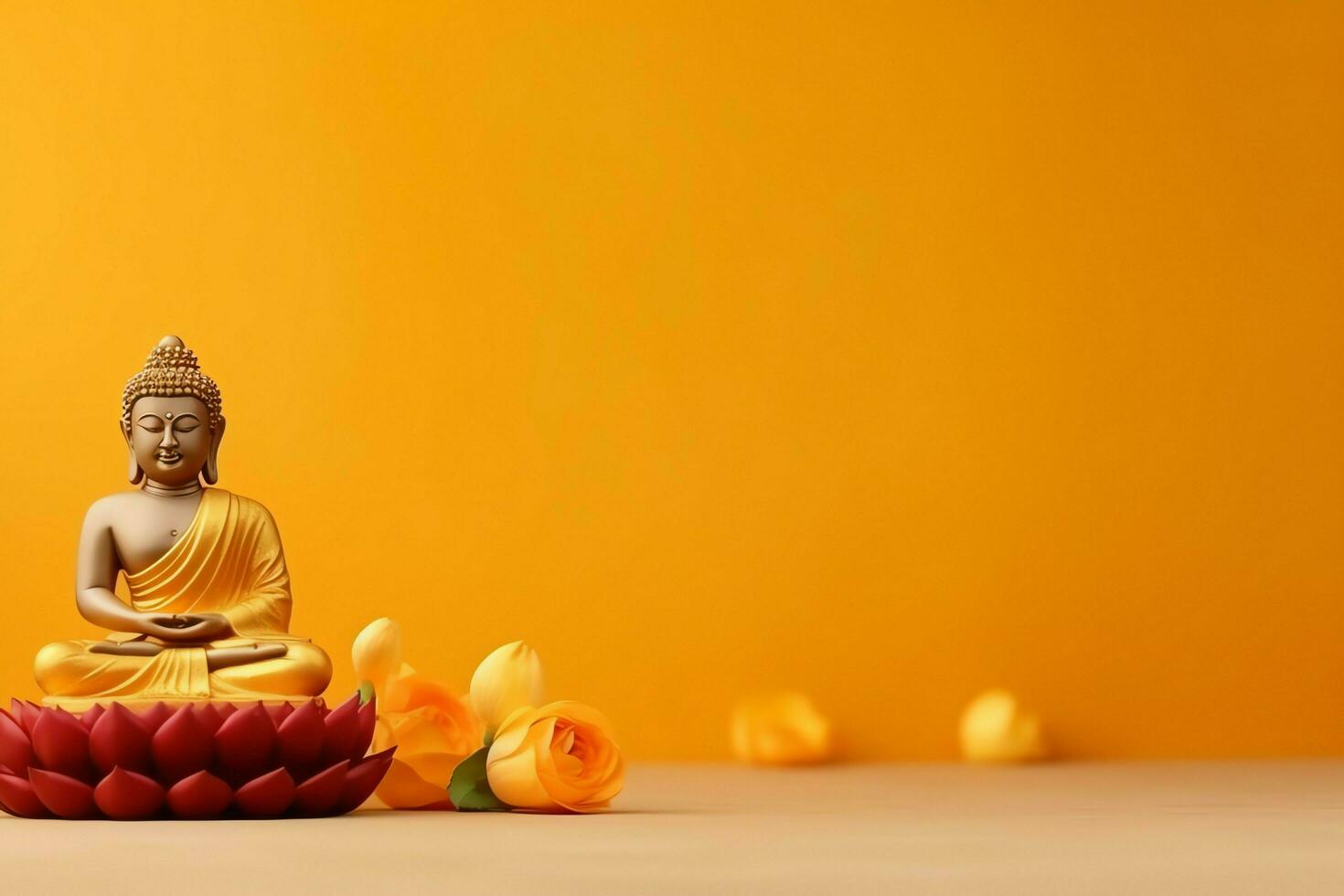 A buddha sits in in vesak buddha purnima day with copy space. Background for vesak festival day concept. Vesak celebration day greetings concept by AI Generated photo