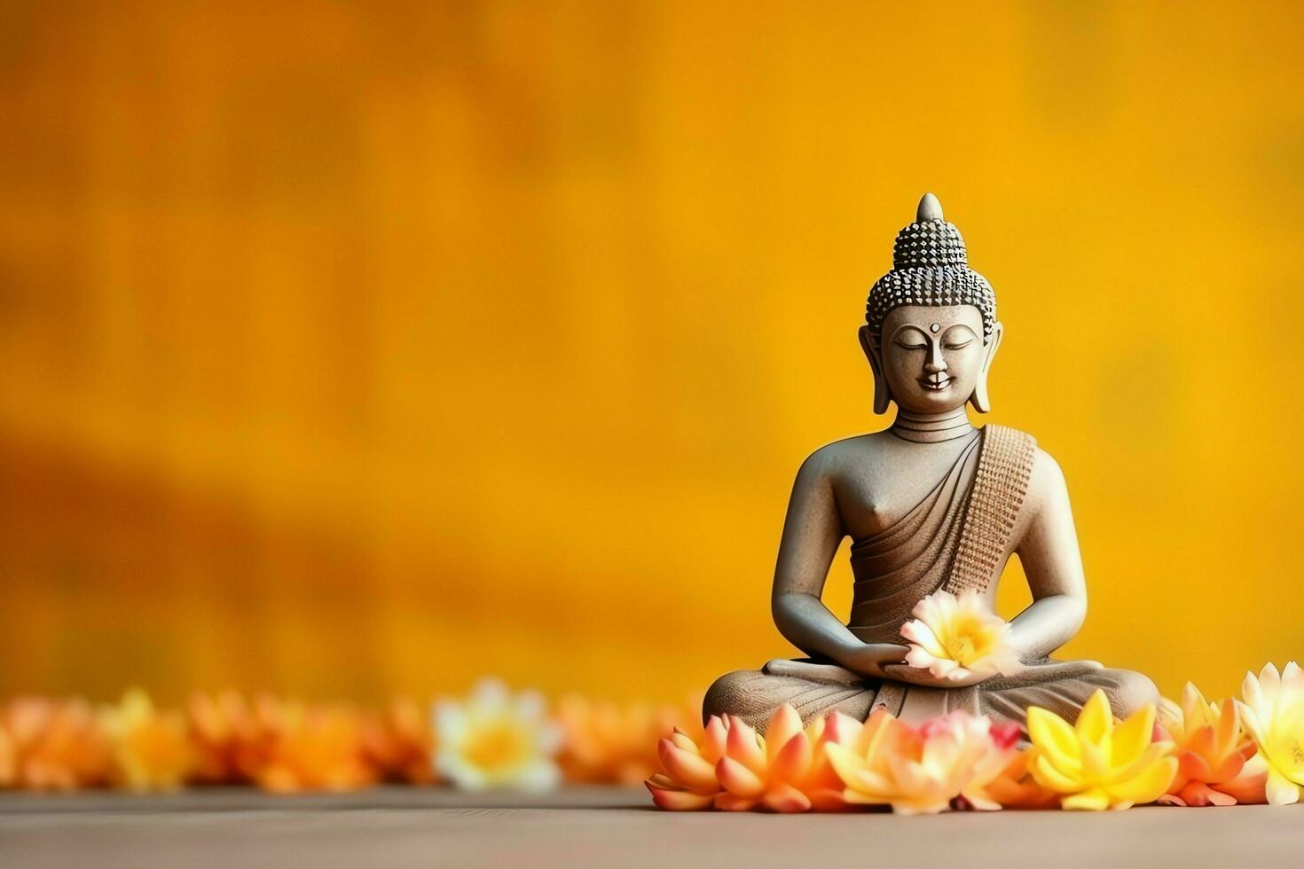 A buddha sits in in vesak buddha purnima day with copy space. Background for vesak festival day concept. Vesak celebration day greetings concept by AI Generated photo