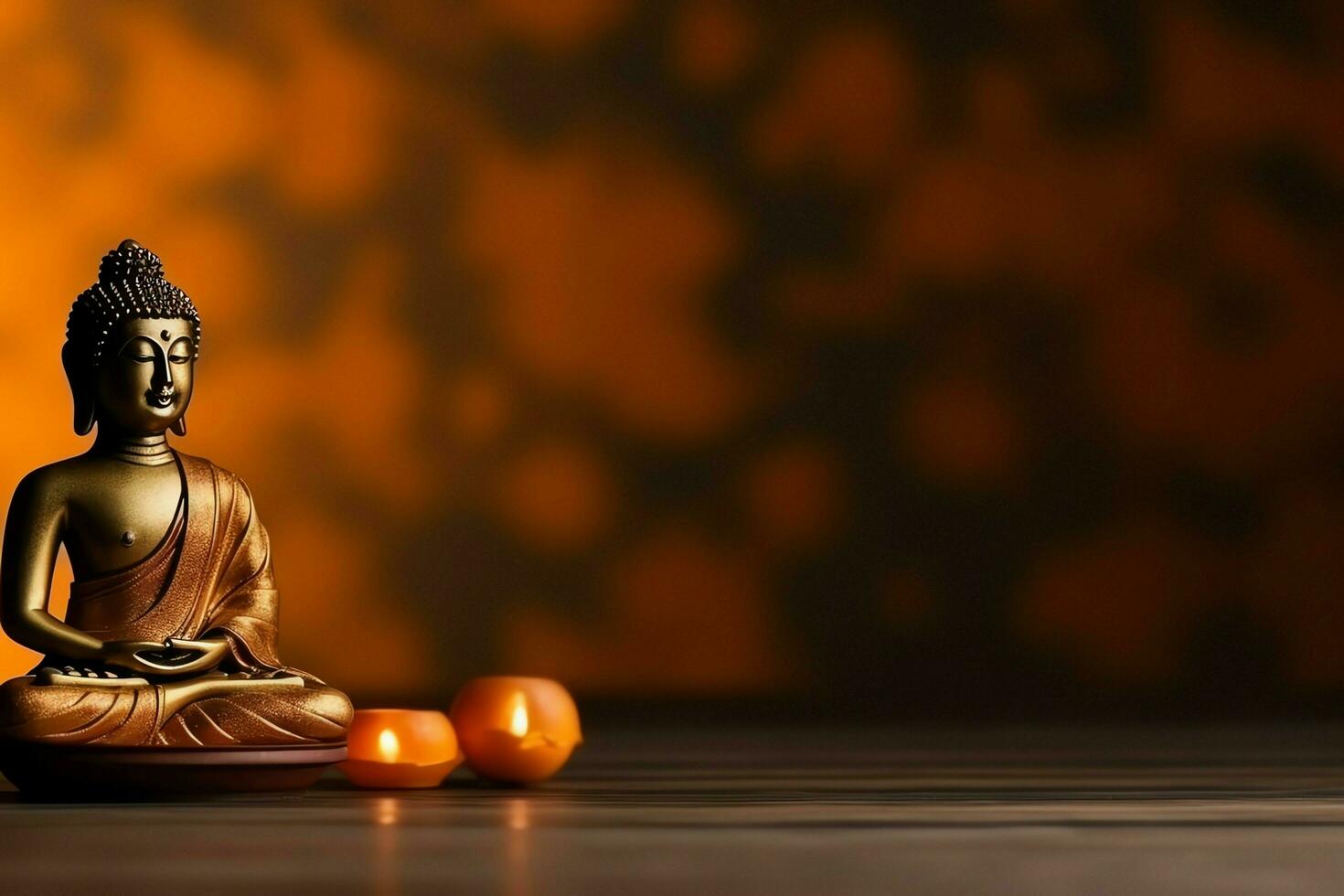 A buddha sits in in vesak buddha purnima day with copy space. Background for vesak festival day concept. Vesak celebration day greetings concept by AI Generated photo