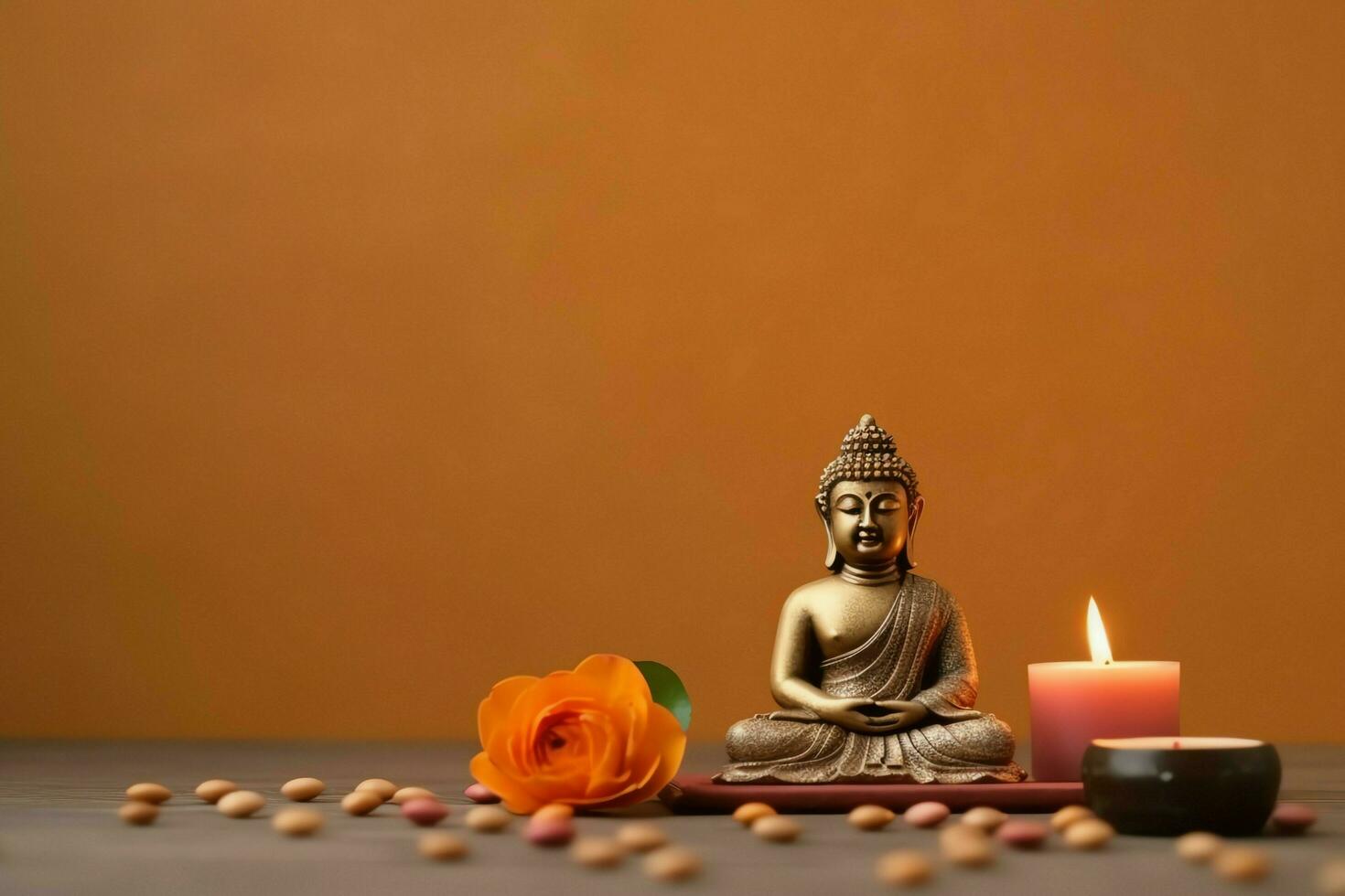 A buddha sits in in vesak buddha purnima day with copy space. Background for vesak festival day concept. Vesak celebration day greetings concept by AI Generated photo