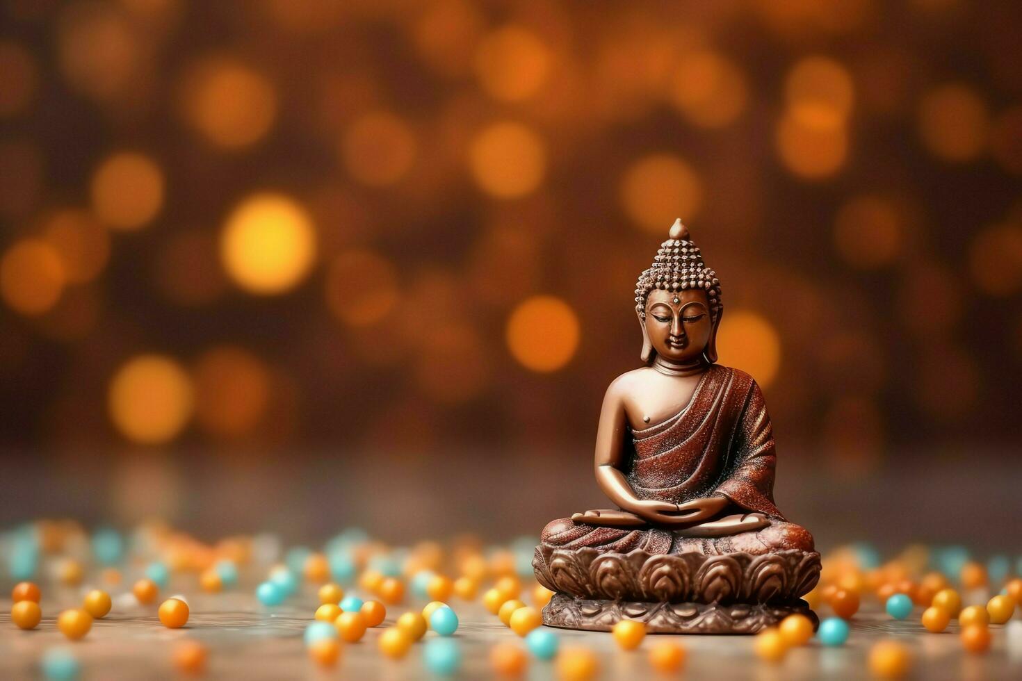 A buddha sits in in vesak buddha purnima day with copy space. Background for vesak festival day concept. Vesak celebration day greetings concept by AI Generated photo