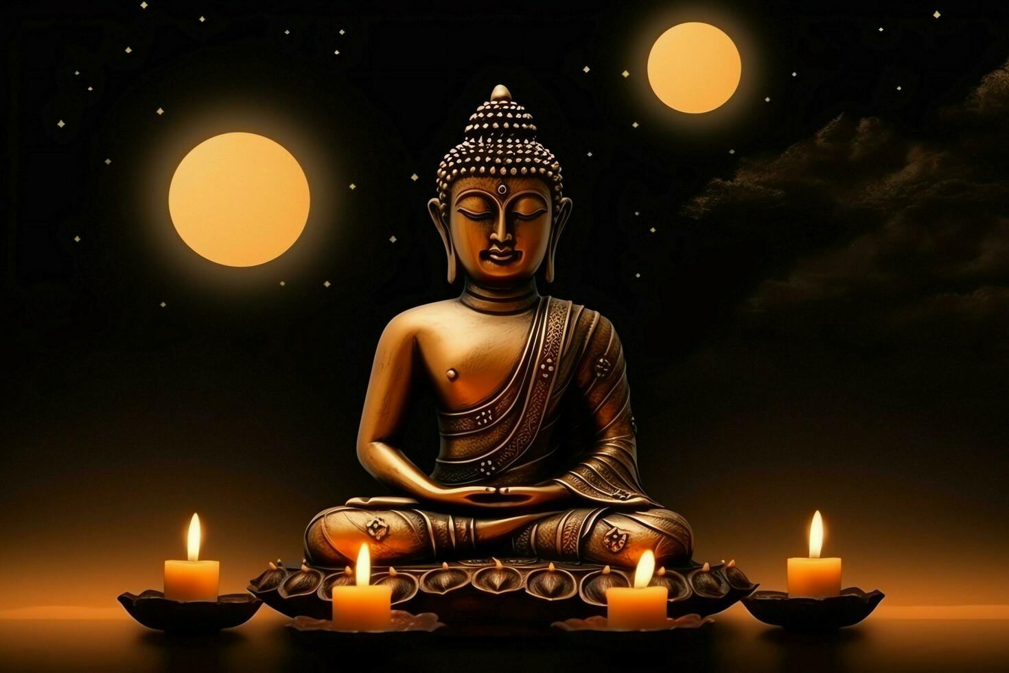 A buddha sits in in vesak buddha purnima day with copy space. Background for vesak festival day concept. Vesak celebration day greetings concept by AI Generated photo