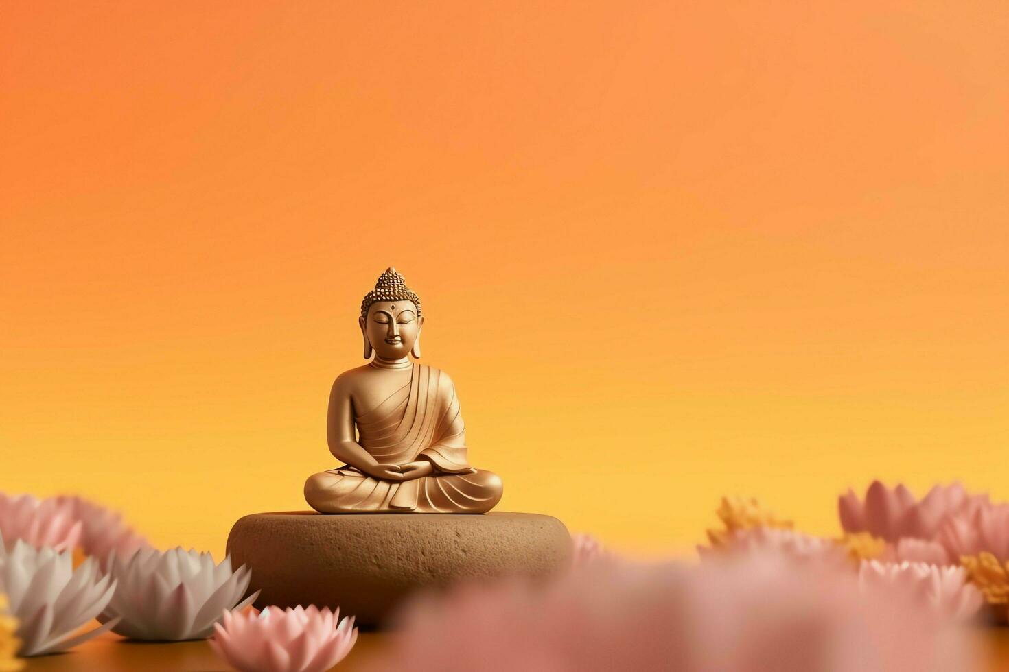 A buddha sits in in vesak buddha purnima day with copy space. Background for vesak festival day concept. Vesak celebration day greetings concept by AI Generated photo