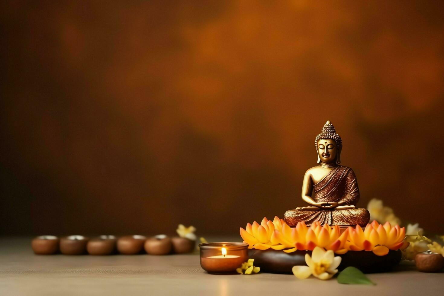 A buddha sits in in vesak buddha purnima day with copy space. Background for vesak festival day concept. Vesak celebration day greetings concept by AI Generated photo