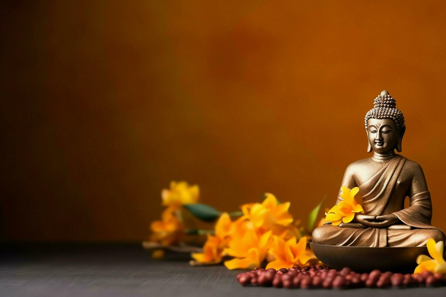 A buddha sits in in vesak buddha purnima day with copy space. Background for vesak festival day concept. Vesak celebration day greetings concept by AI Generated photo