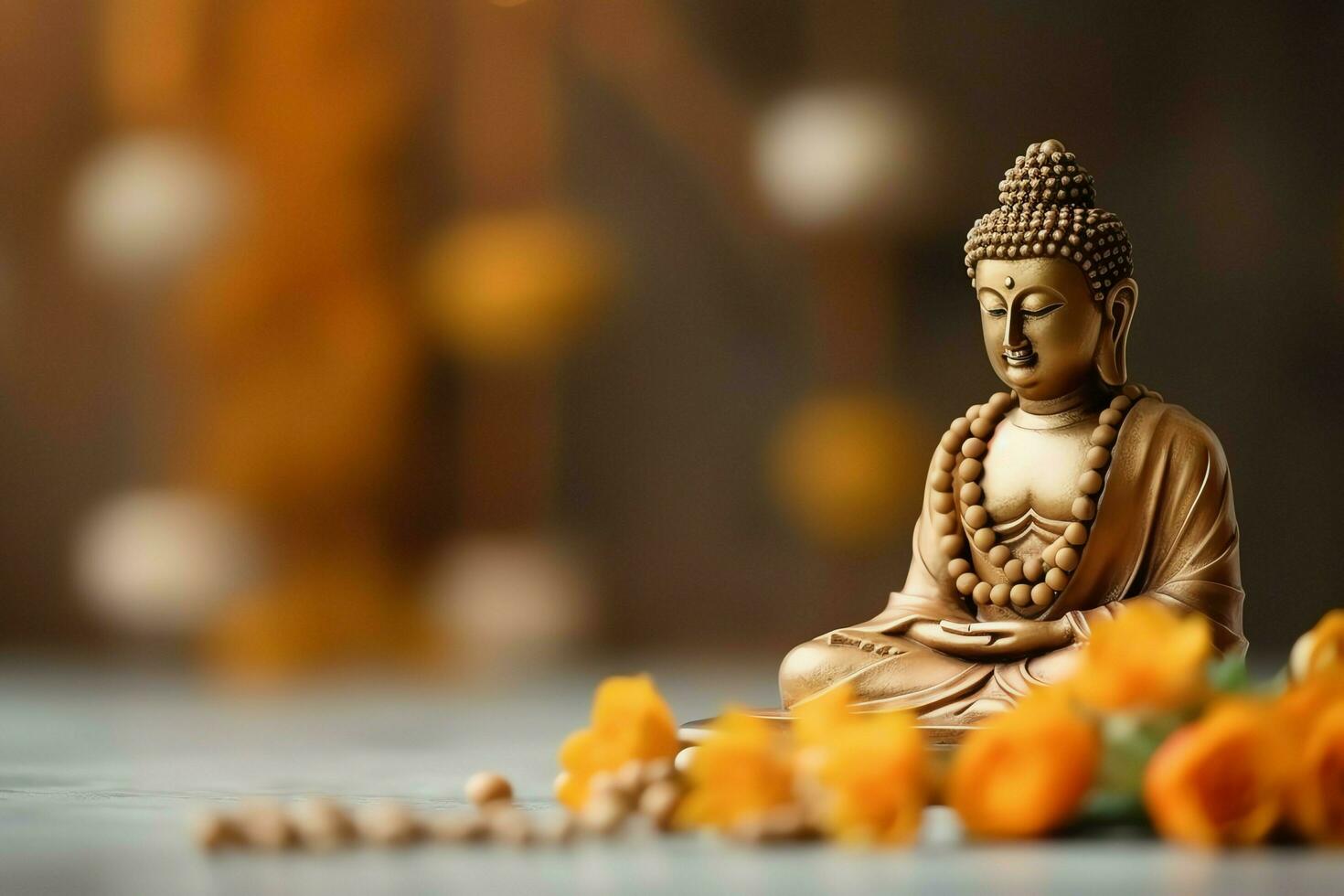 A buddha sits in in vesak buddha purnima day with copy space. Background for vesak festival day concept. Vesak celebration day greetings concept by AI Generated photo