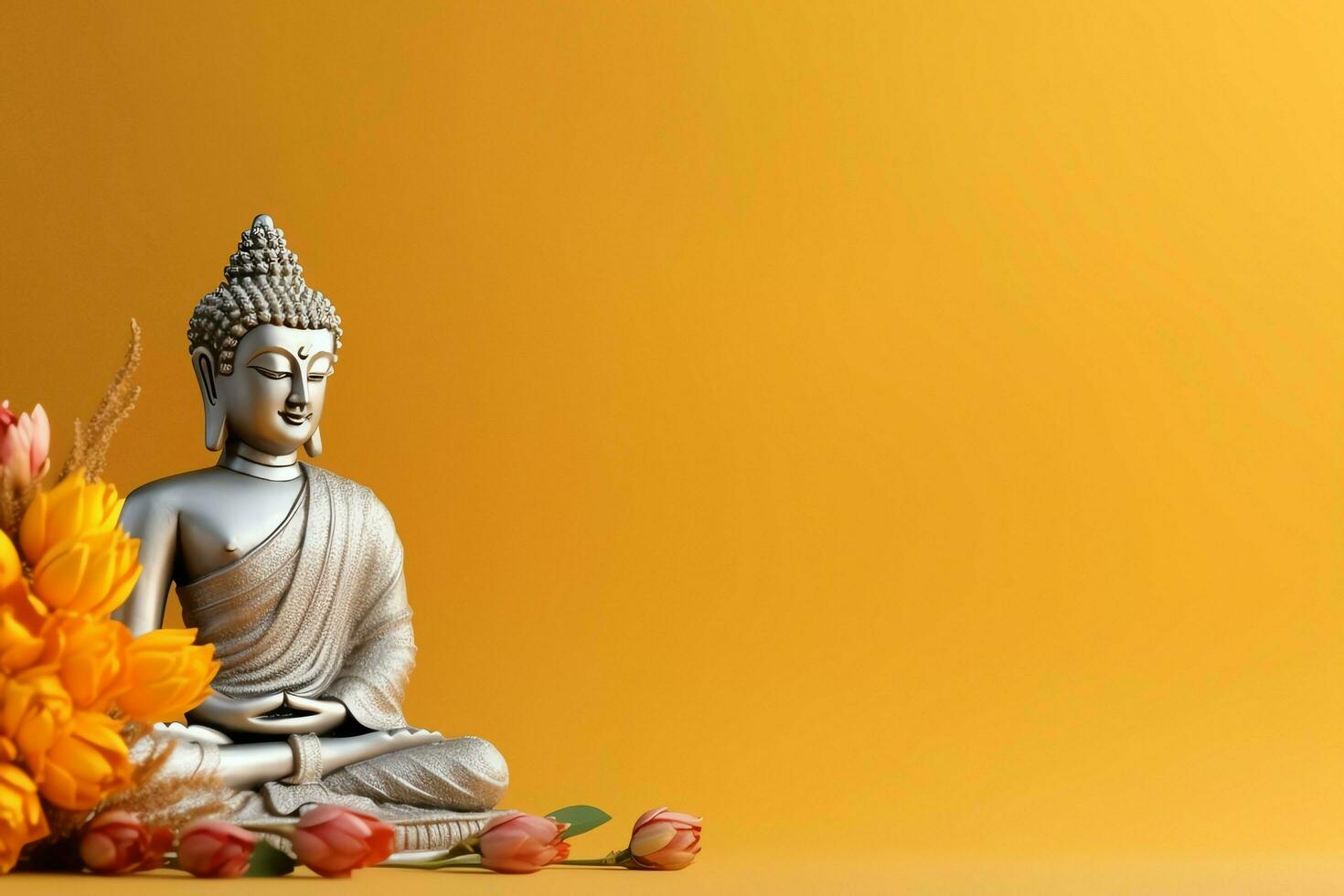 A buddha sits in in vesak buddha purnima day with copy space. Background for vesak festival day concept. Vesak celebration day greetings concept by AI Generated photo
