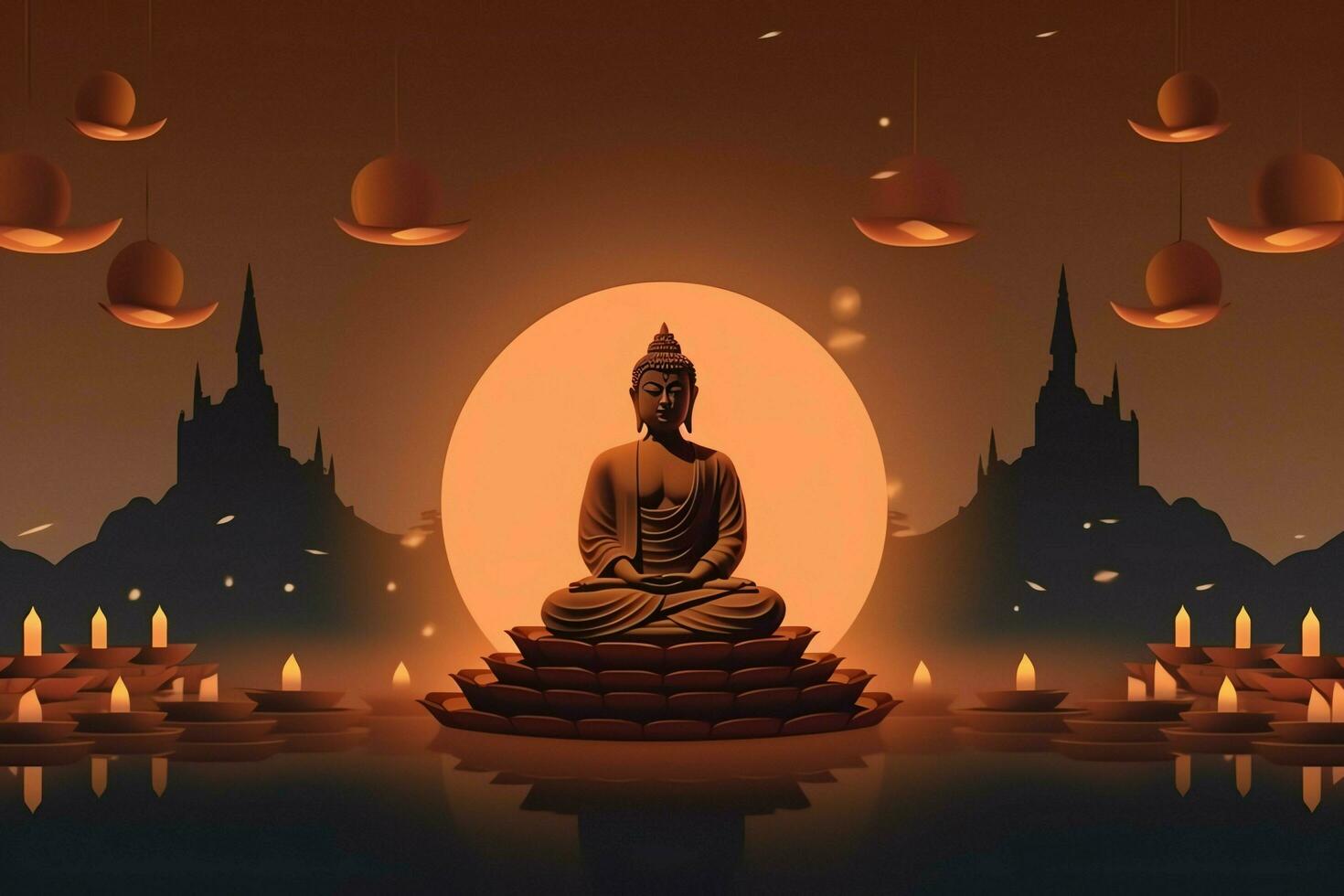 A buddha sits in in vesak buddha purnima day with copy space. Background for vesak festival day concept. Vesak celebration day greetings concept by AI Generated photo