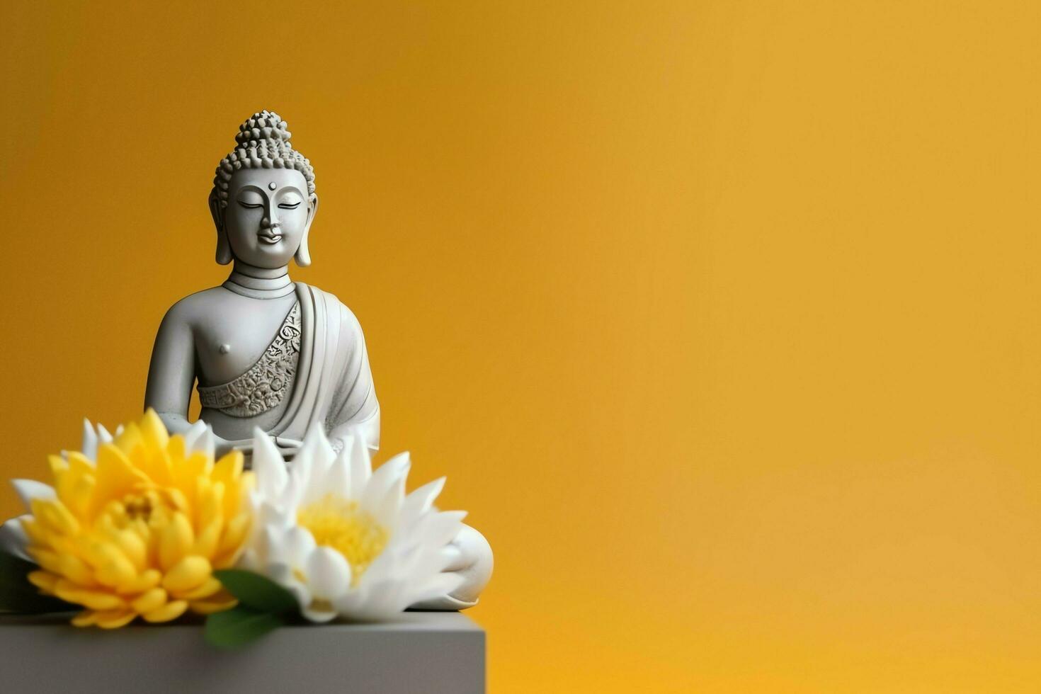 A buddha sits in in vesak buddha purnima day with copy space. Background for vesak festival day concept. Vesak celebration day greetings concept by AI Generated photo