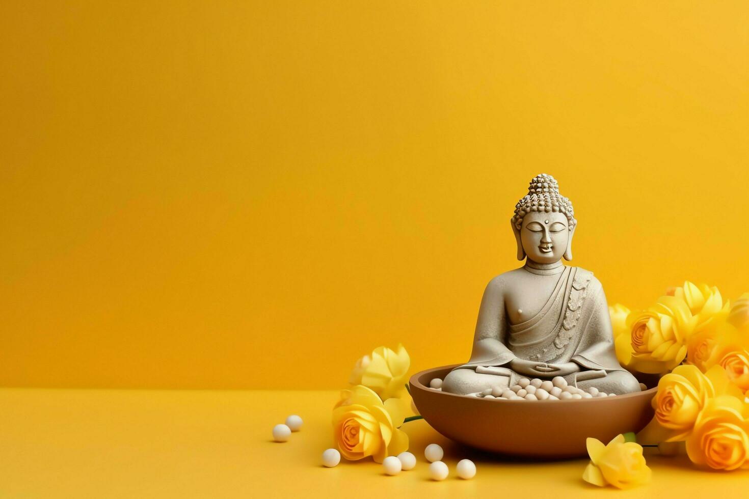 A buddha sits in in vesak buddha purnima day with copy space. Background for vesak festival day concept. Vesak celebration day greetings concept by AI Generated photo