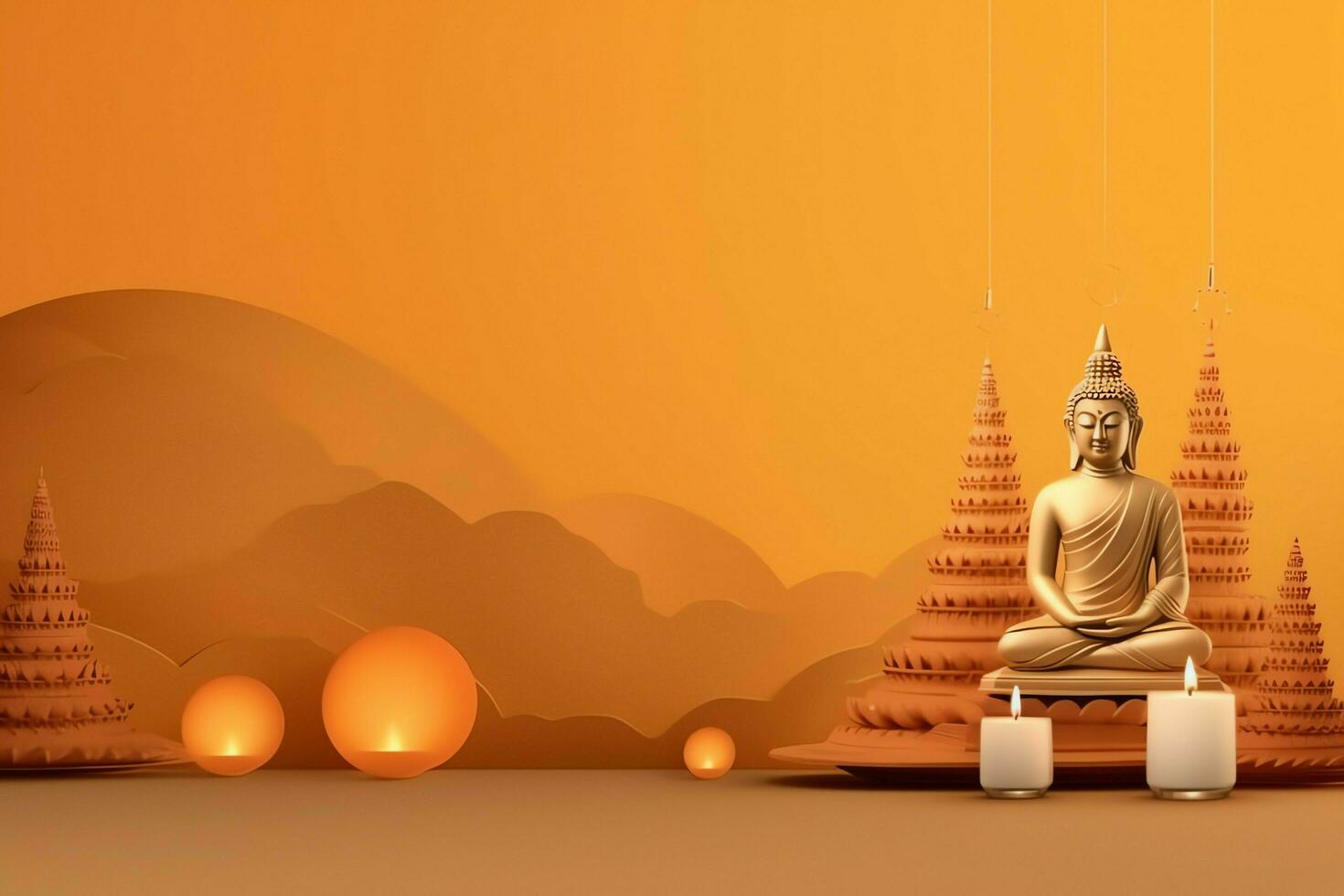 A buddha sits in in vesak buddha purnima day with copy space. Background for vesak festival day concept. Vesak celebration day greetings concept by AI Generated photo