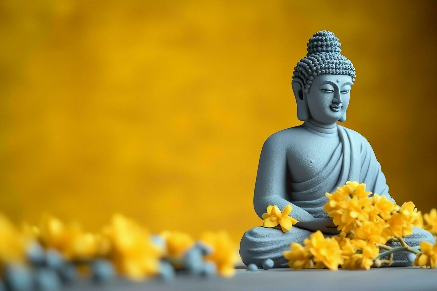 A buddha sits in in vesak buddha purnima day with copy space. Background for vesak festival day concept. Vesak celebration day greetings concept by AI Generated photo