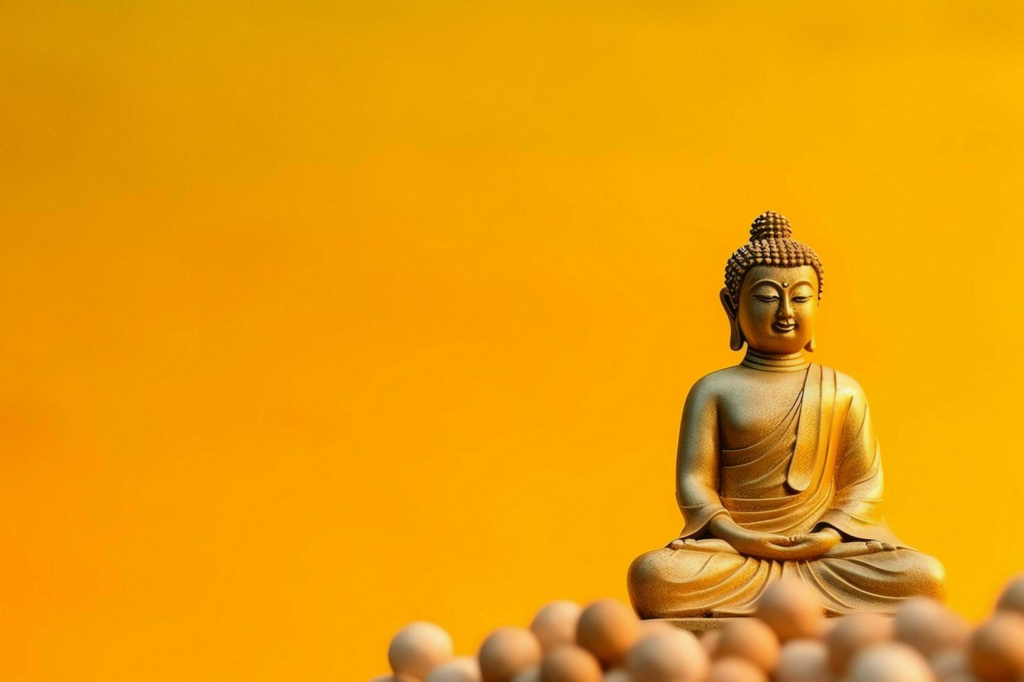 A buddha sits in in vesak buddha purnima day with copy space. Background for vesak festival day concept. Vesak celebration day greetings concept by AI Generated photo