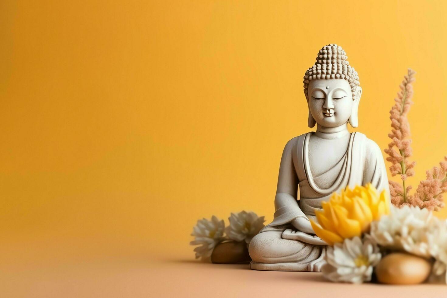 A buddha sits in in vesak buddha purnima day with copy space