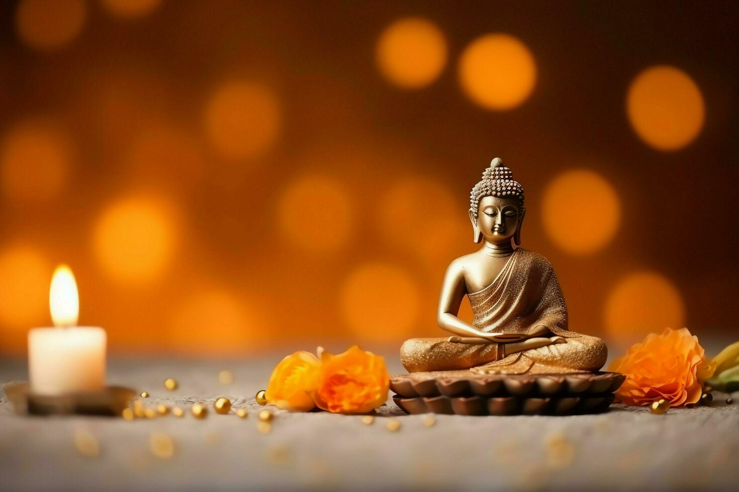 A buddha sits in in vesak buddha purnima day with copy space. Background for vesak festival day concept. Vesak celebration day greetings concept by AI Generated photo