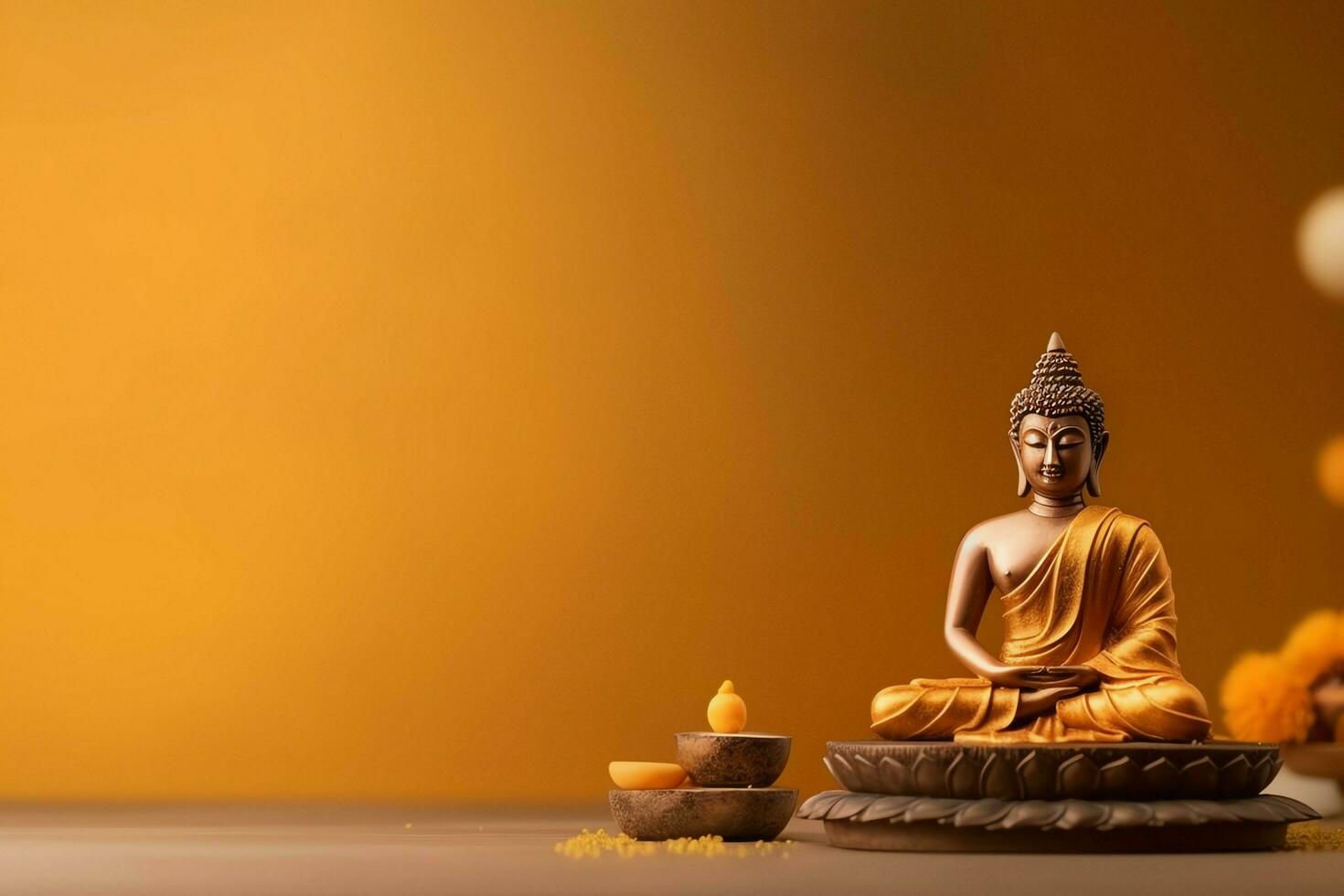A buddha sits in in vesak buddha purnima day with copy space. Background for vesak festival day concept. Vesak celebration day greetings concept by AI Generated photo