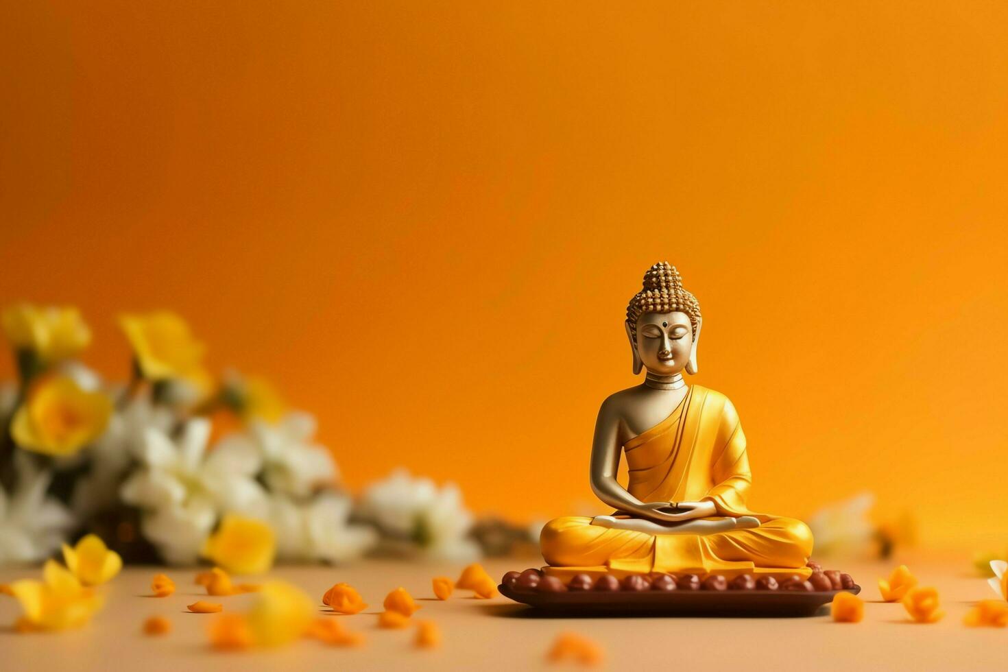 A buddha sits in in vesak buddha purnima day with copy space. Background for vesak festival day concept. Vesak celebration day greetings concept by AI Generated photo