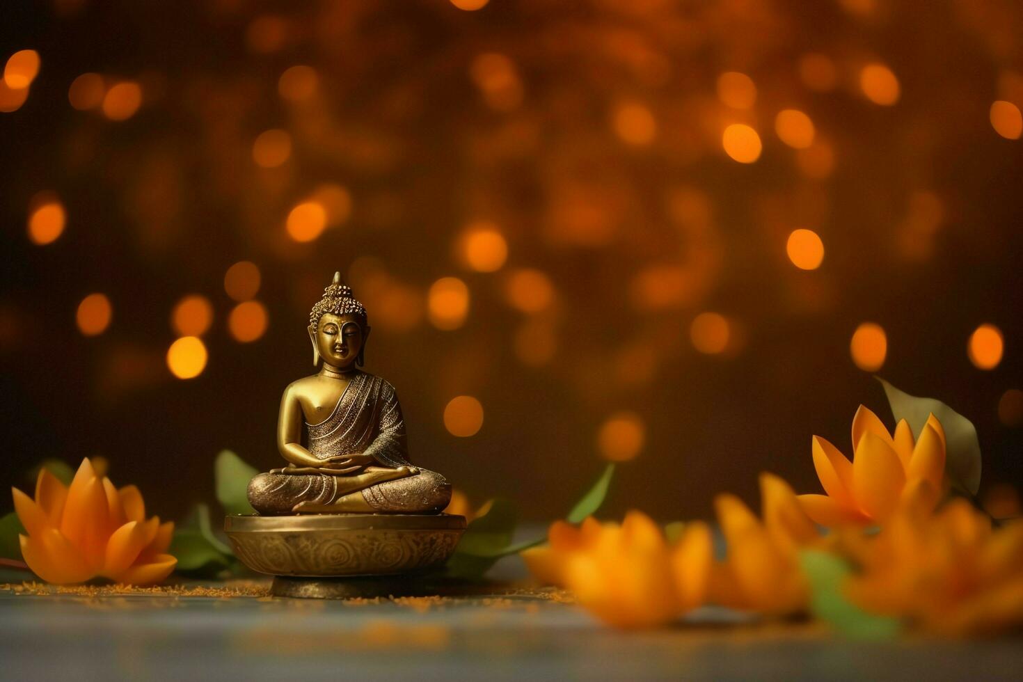 A buddha sits in in vesak buddha purnima day with copy space. Background for vesak festival day concept. Vesak celebration day greetings concept by AI Generated photo