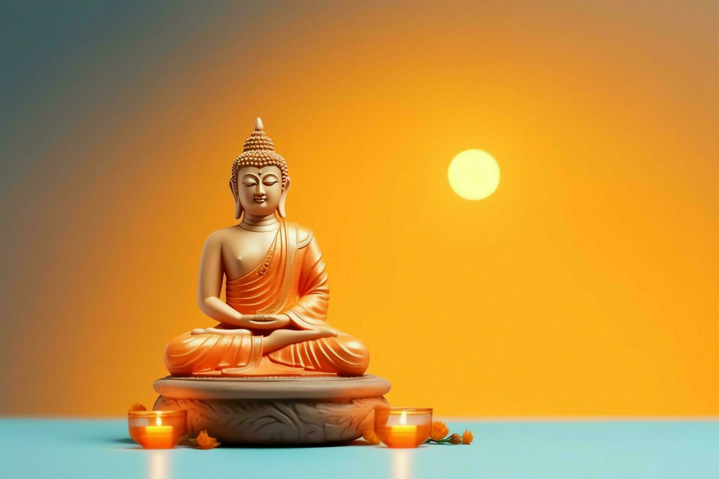 A buddha sits in in vesak buddha purnima day with copy space. Background for vesak festival day concept. Vesak celebration day greetings concept by AI Generated photo