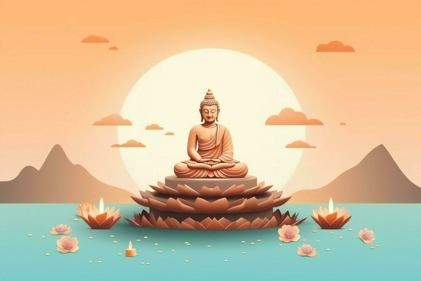 A buddha sits in in vesak buddha purnima day with copy space. Background for vesak festival day concept. Vesak celebration day greetings concept by AI Generated photo
