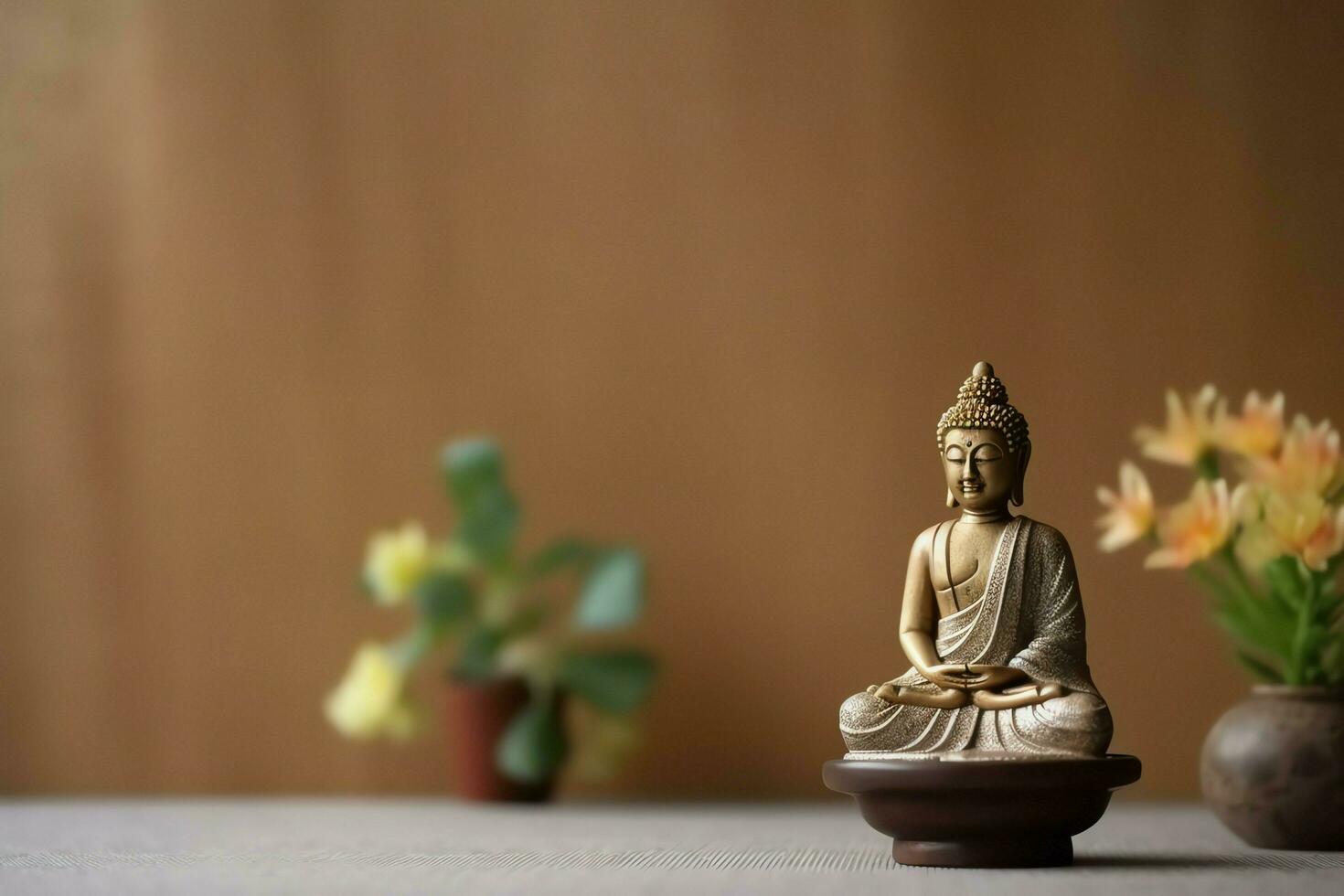 A buddha sits in in vesak buddha purnima day with copy space. Background for vesak festival day concept. Vesak celebration day greetings concept by AI Generated photo
