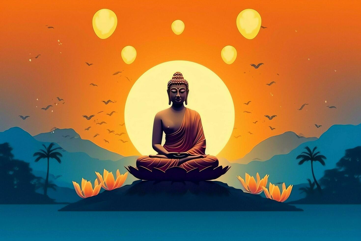 A buddha sits in in vesak buddha purnima day with copy space. Background for vesak festival day concept. Vesak celebration day greetings concept by AI Generated photo