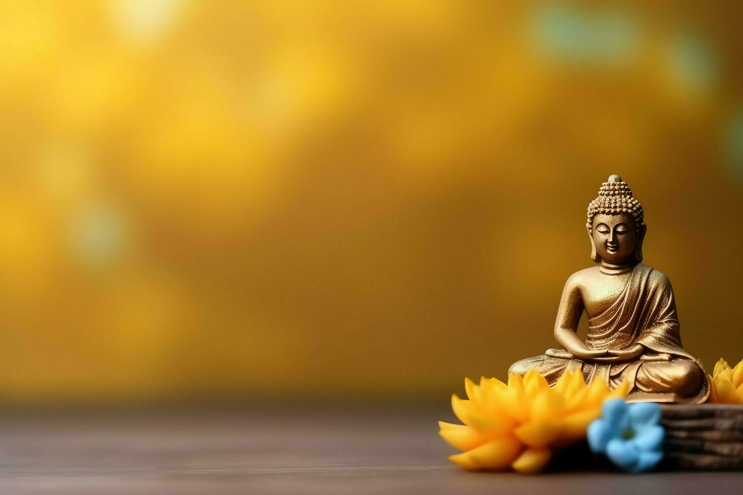 A buddha sits in in vesak buddha purnima day with copy space. Background for vesak festival day concept. Vesak celebration day greetings concept by AI Generated photo