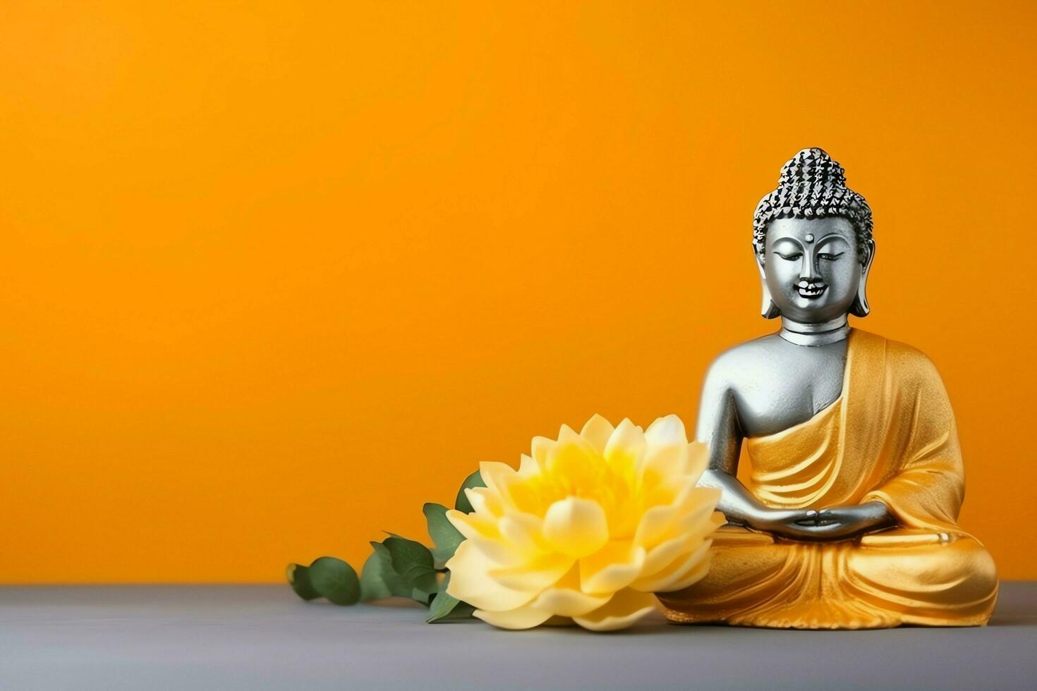 A buddha sits in in vesak buddha purnima day with copy space. Background for vesak festival day concept. Vesak celebration day greetings concept by AI Generated photo