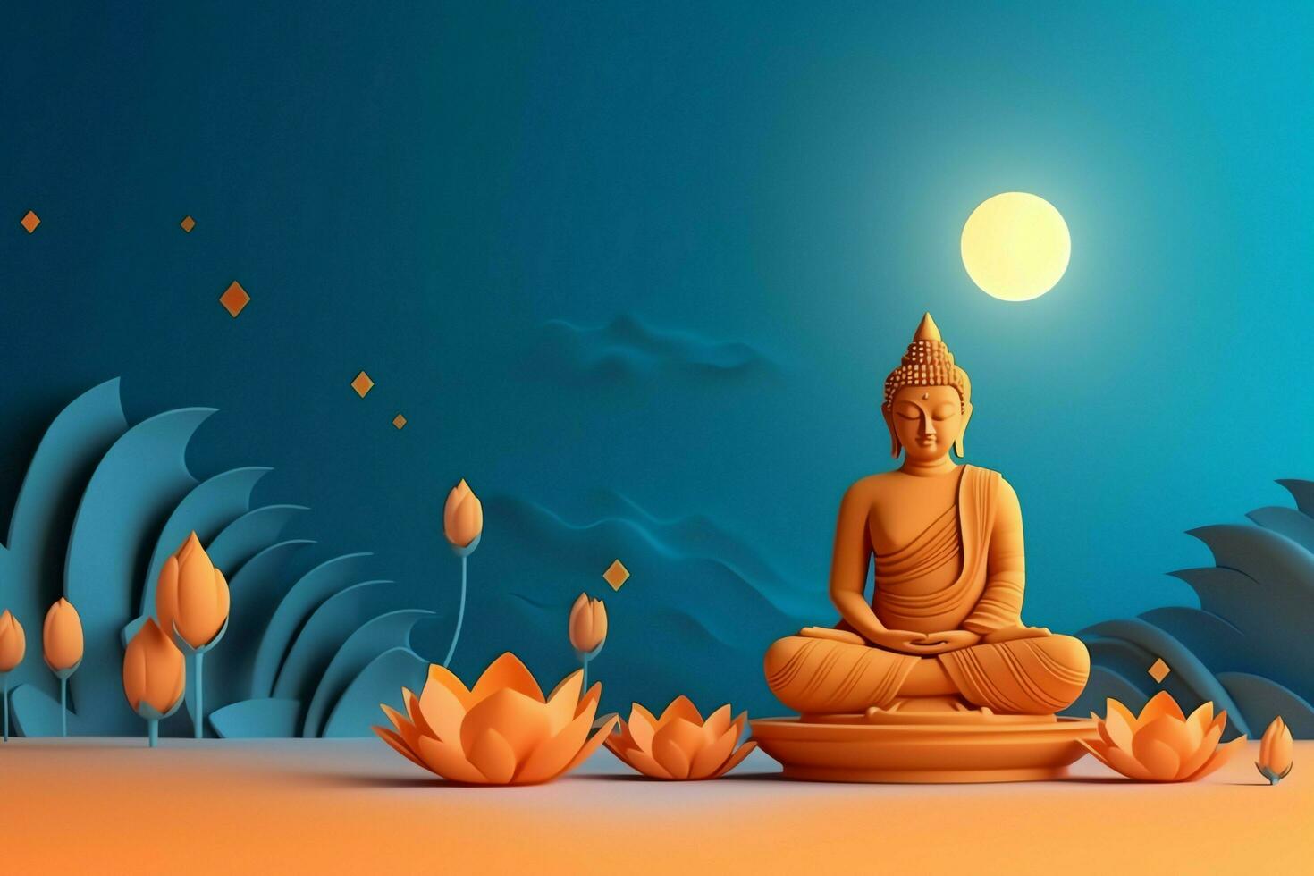 A buddha sits in in vesak buddha purnima day with copy space. Background for vesak festival day concept. Vesak celebration day greetings concept by AI Generated photo