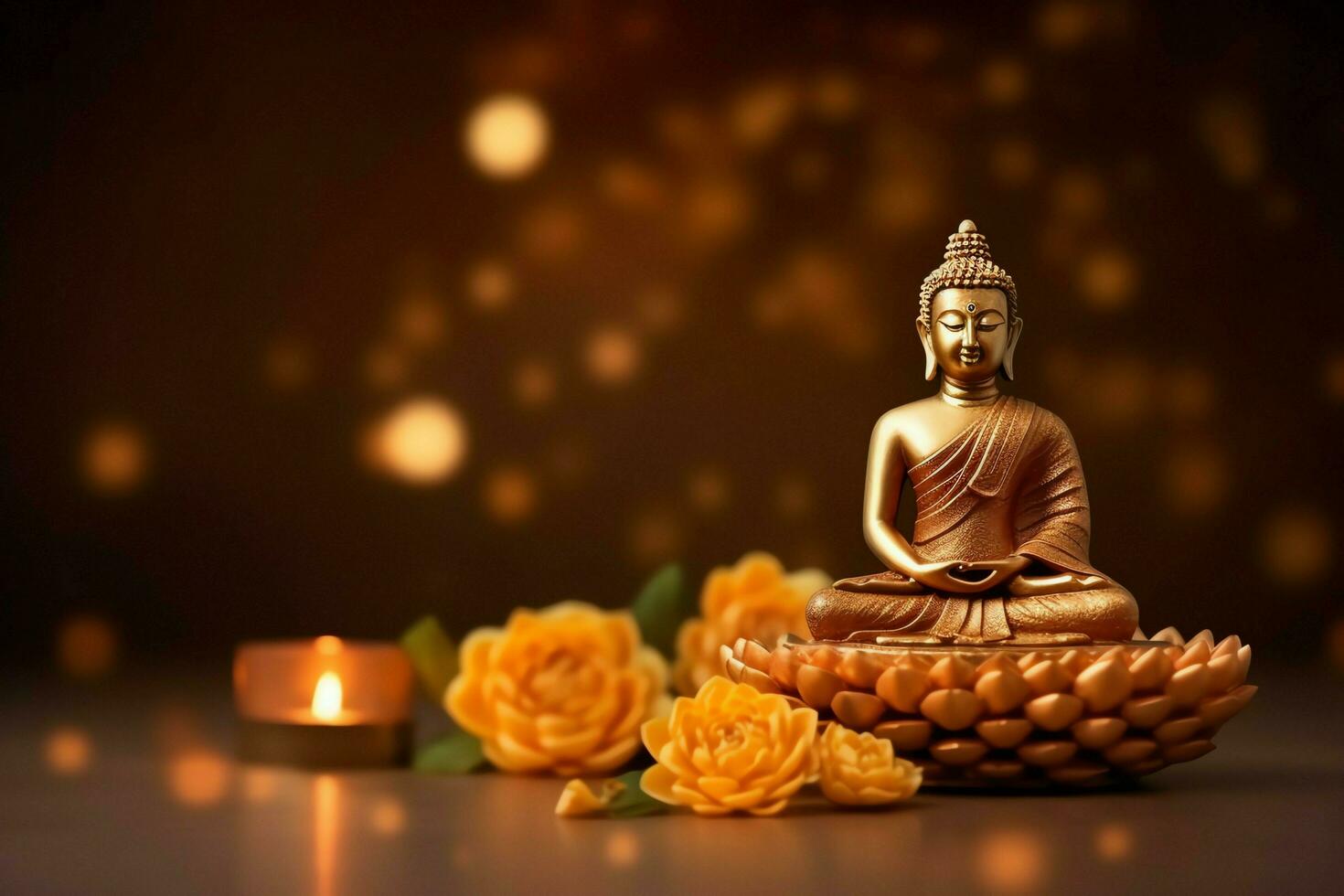 A buddha sits in in vesak buddha purnima day with copy space. Background for vesak festival day concept. Vesak celebration day greetings concept by AI Generated photo