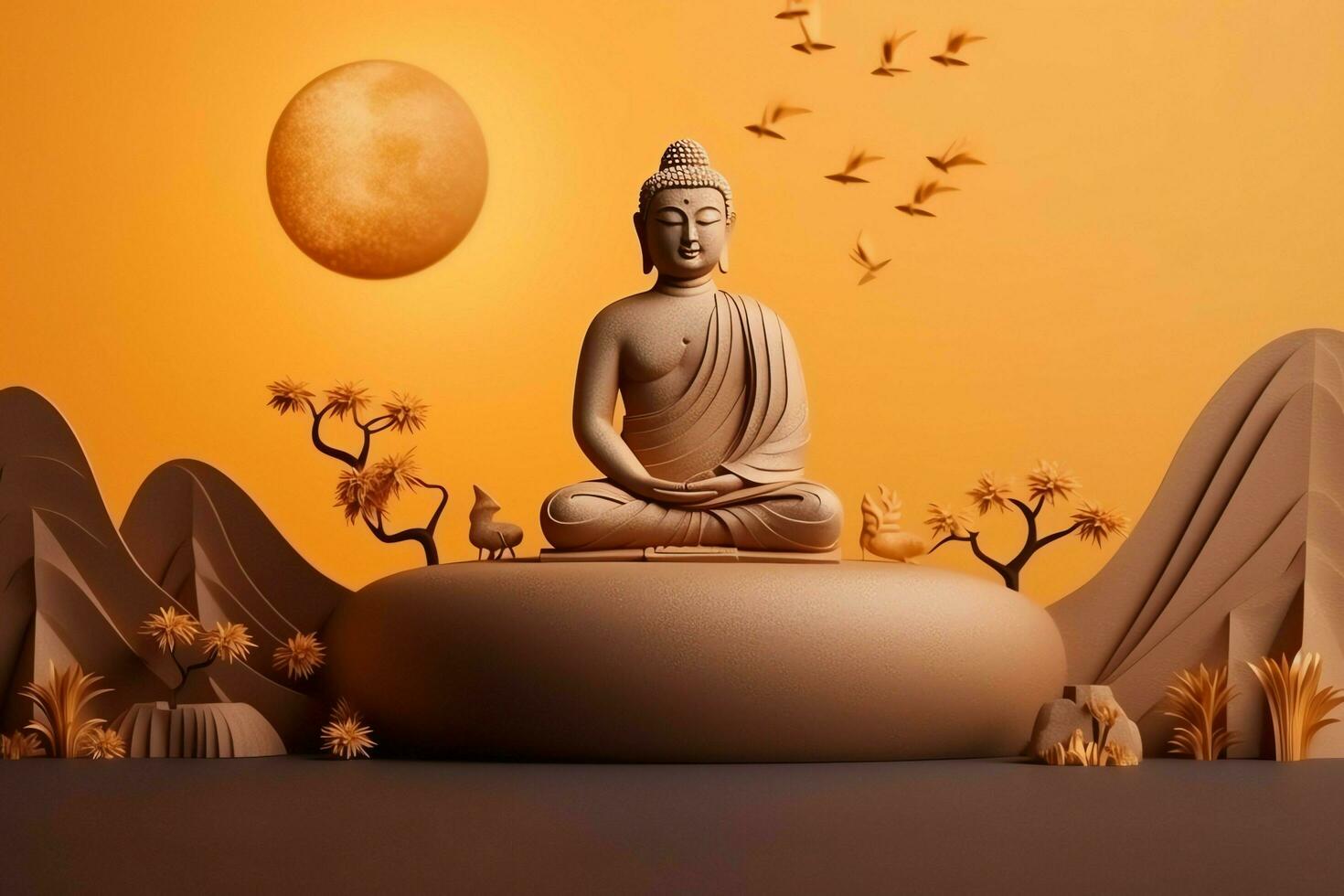 A buddha sits in in vesak buddha purnima day with copy space. Background for vesak festival day concept. Vesak celebration day greetings concept by AI Generated photo
