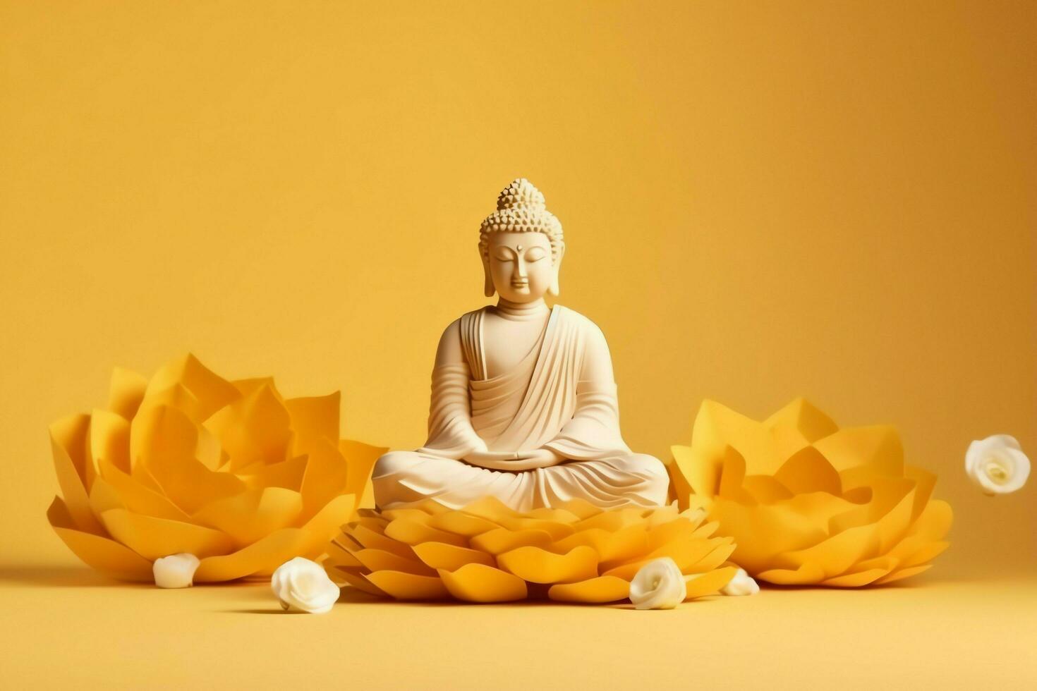 A buddha sits in in vesak buddha purnima day with copy space. Background for vesak festival day concept. Vesak celebration day greetings concept by AI Generated photo