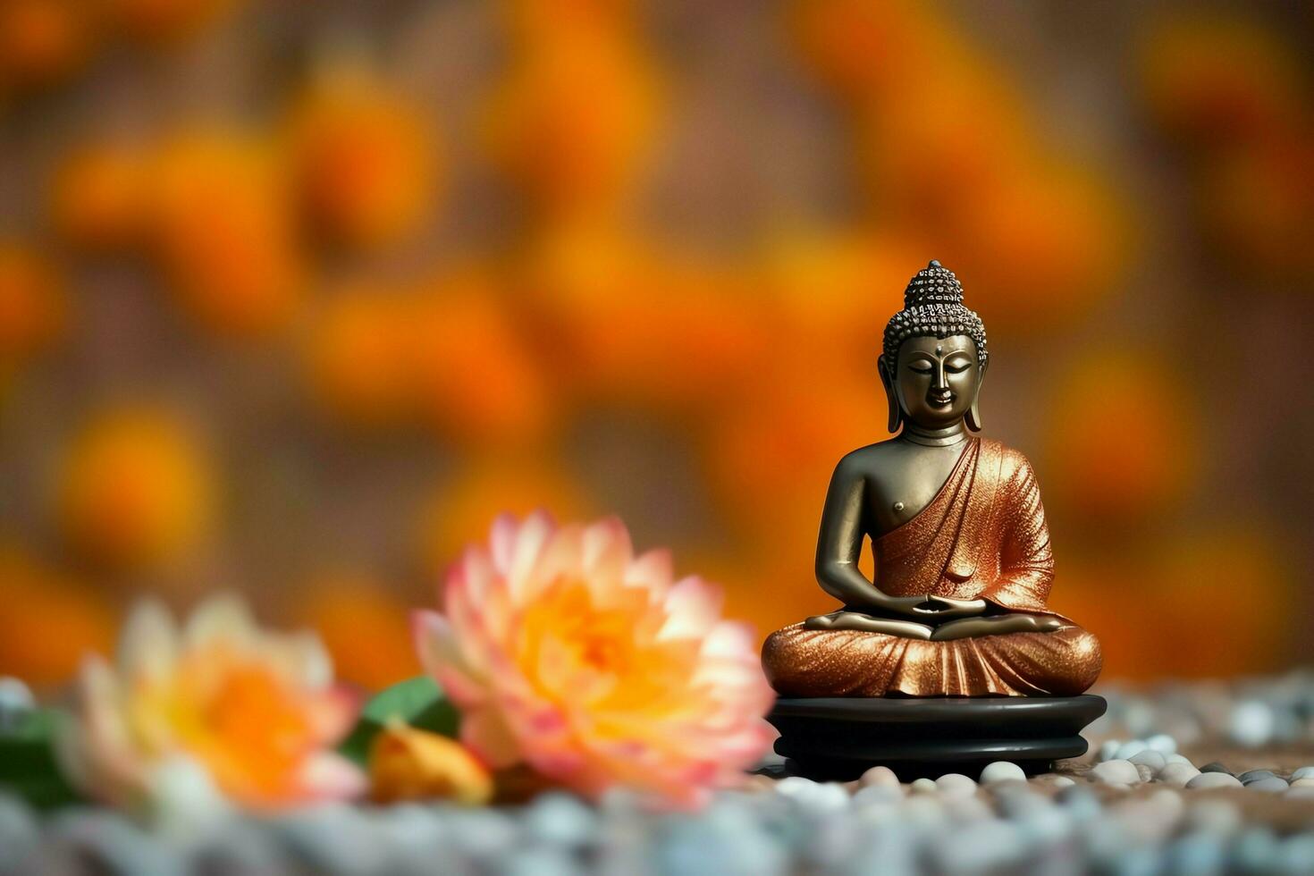A buddha sits in in vesak buddha purnima day with copy space. Background for vesak festival day concept. Vesak celebration day greetings concept by AI Generated photo