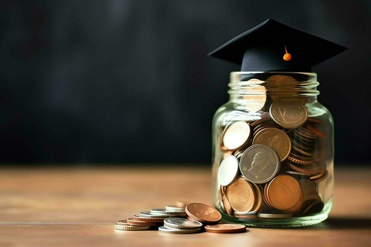 A glass bottle with stack of coins money and a graduation hat on top. Saving money and educational success concept by AI Generated photo