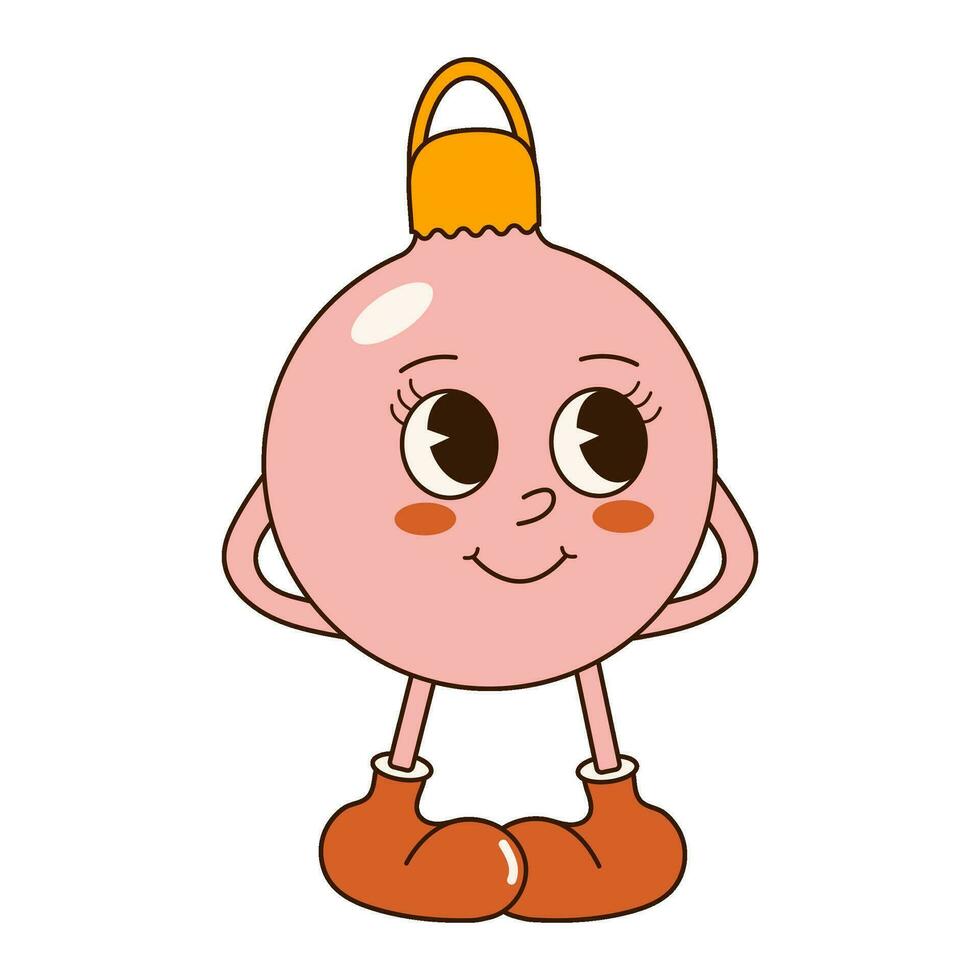 Groovy 70s Christmas sticker. Cartoon character in trendy retro style, comic mascot. Cute decoration, bauble vector