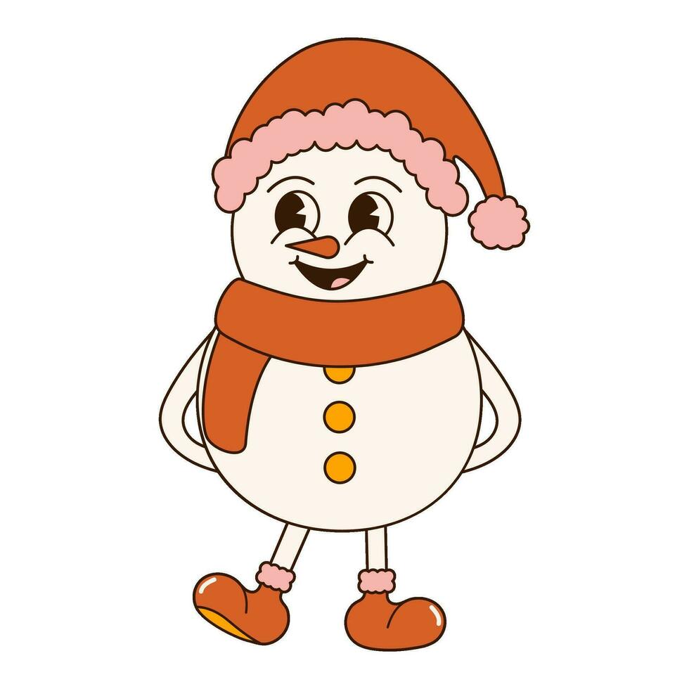 Groovy 70s Christmas sticker. Cartoon character in trendy retro style, comic mascot. Cute snowman vector