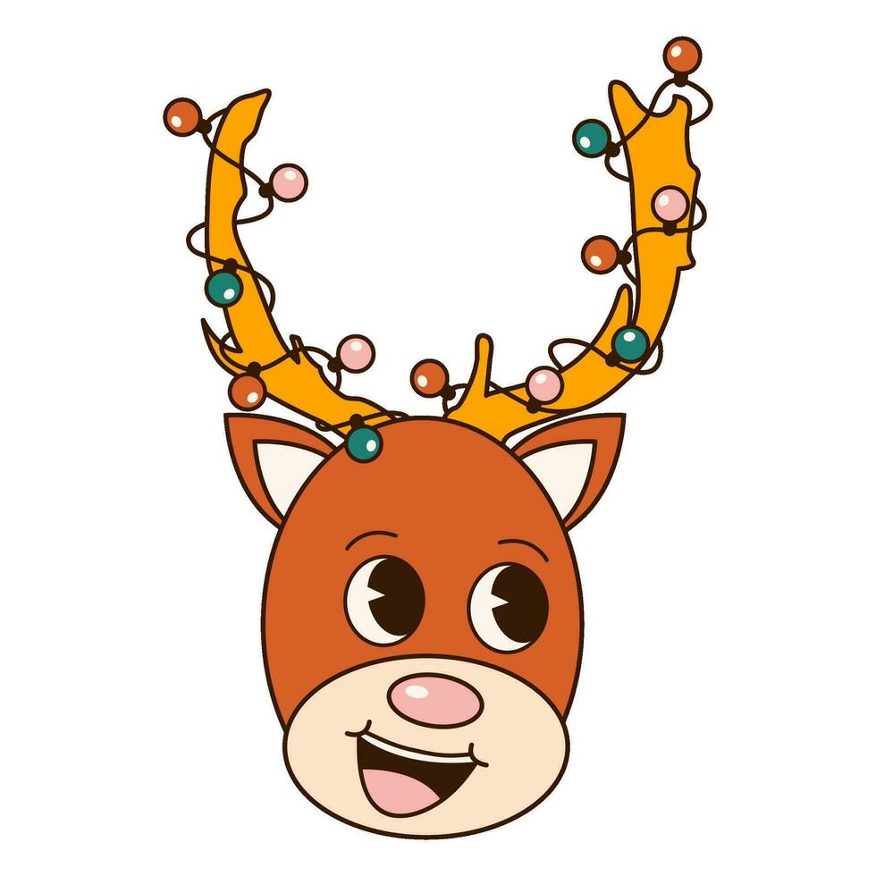Groovy 70s Christmas sticker. Cartoon character in trendy retro style, comic mascot. Cute Xmas reindeer vector