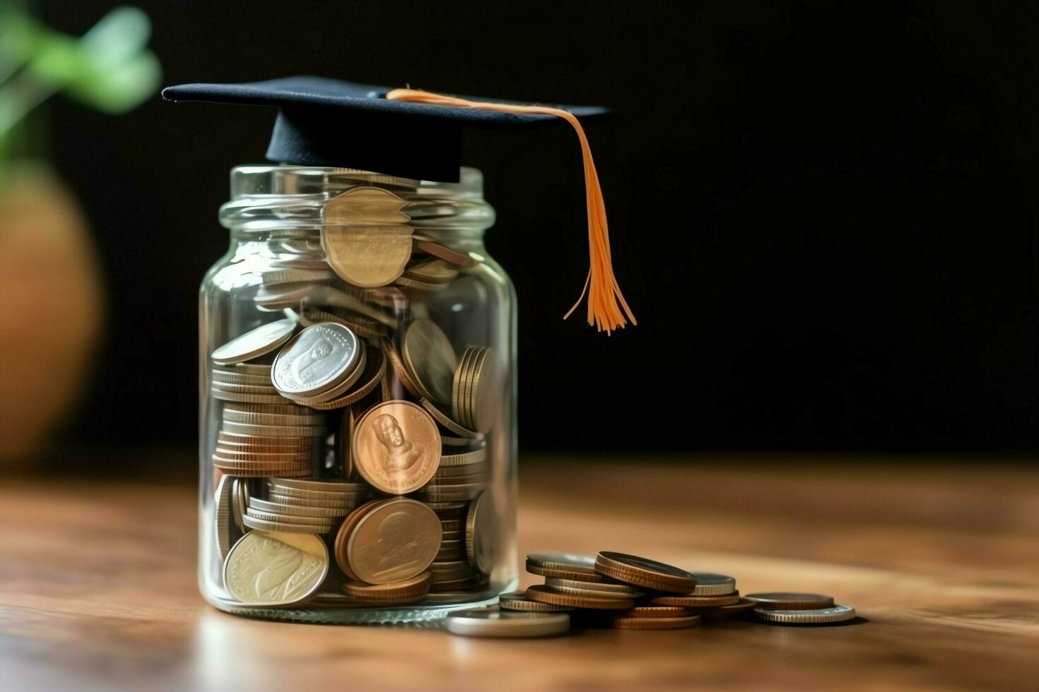 A glass bottle with stack of coins money and a graduation hat on top. Saving money and educational success concept by AI Generated photo