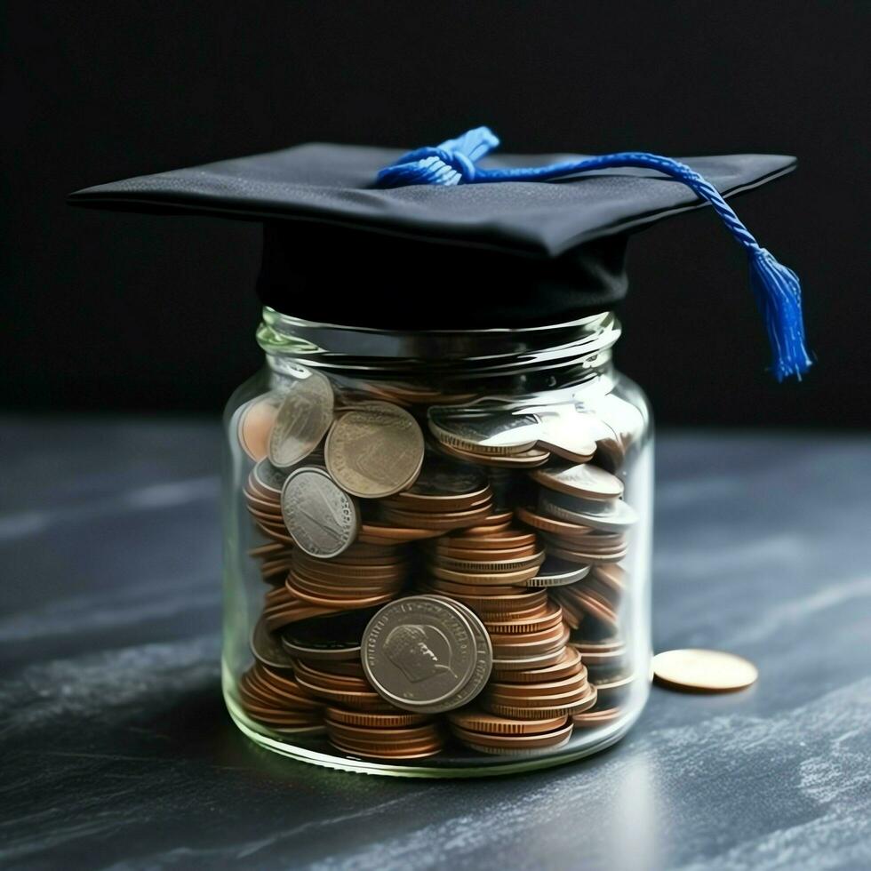un vaso botella con apilar de monedas dinero y un graduación sombrero en cima. ahorro dinero y educativo éxito concepto por ai generado foto