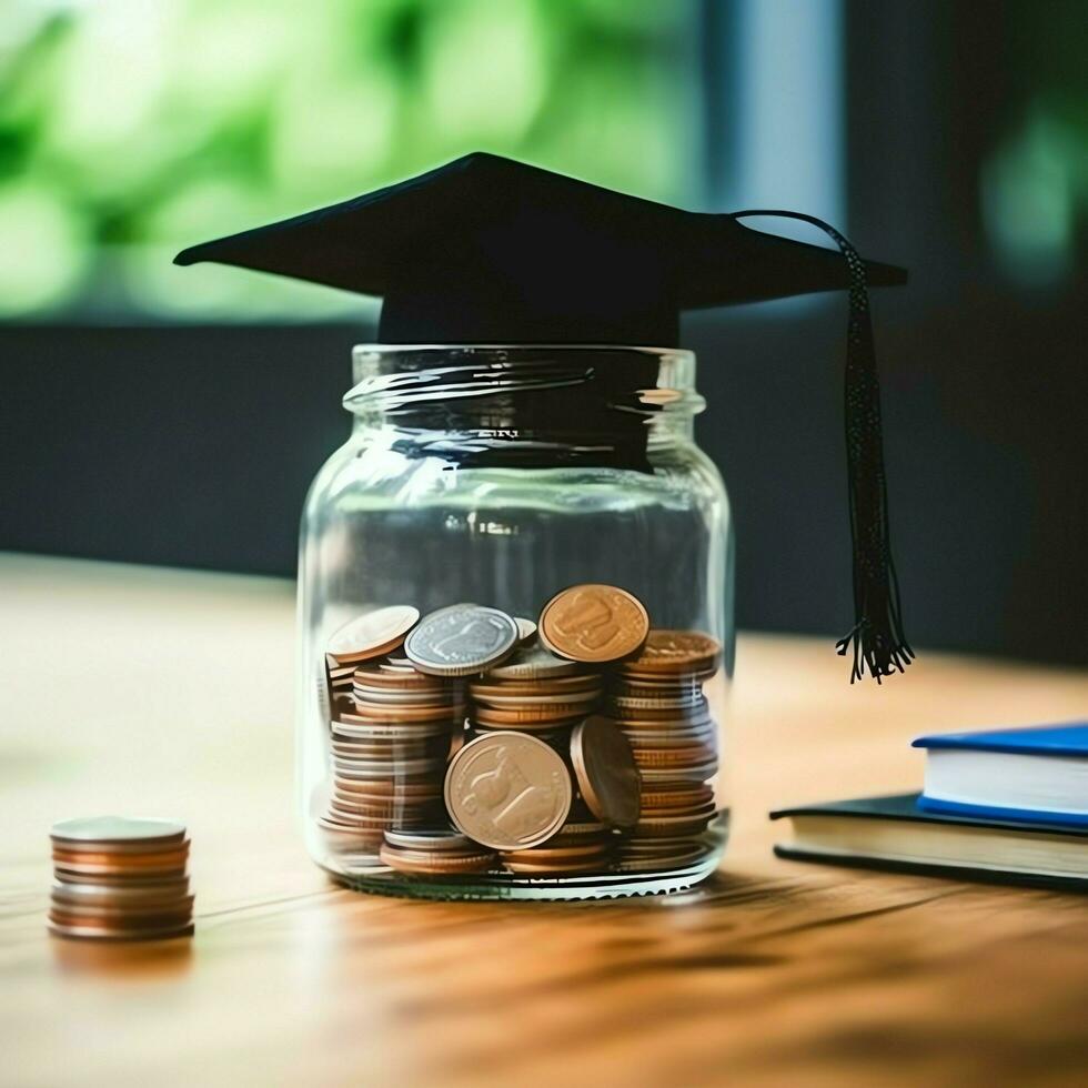 un vaso botella con apilar de monedas dinero y un graduación sombrero en cima. ahorro dinero y educativo éxito concepto por ai generado foto