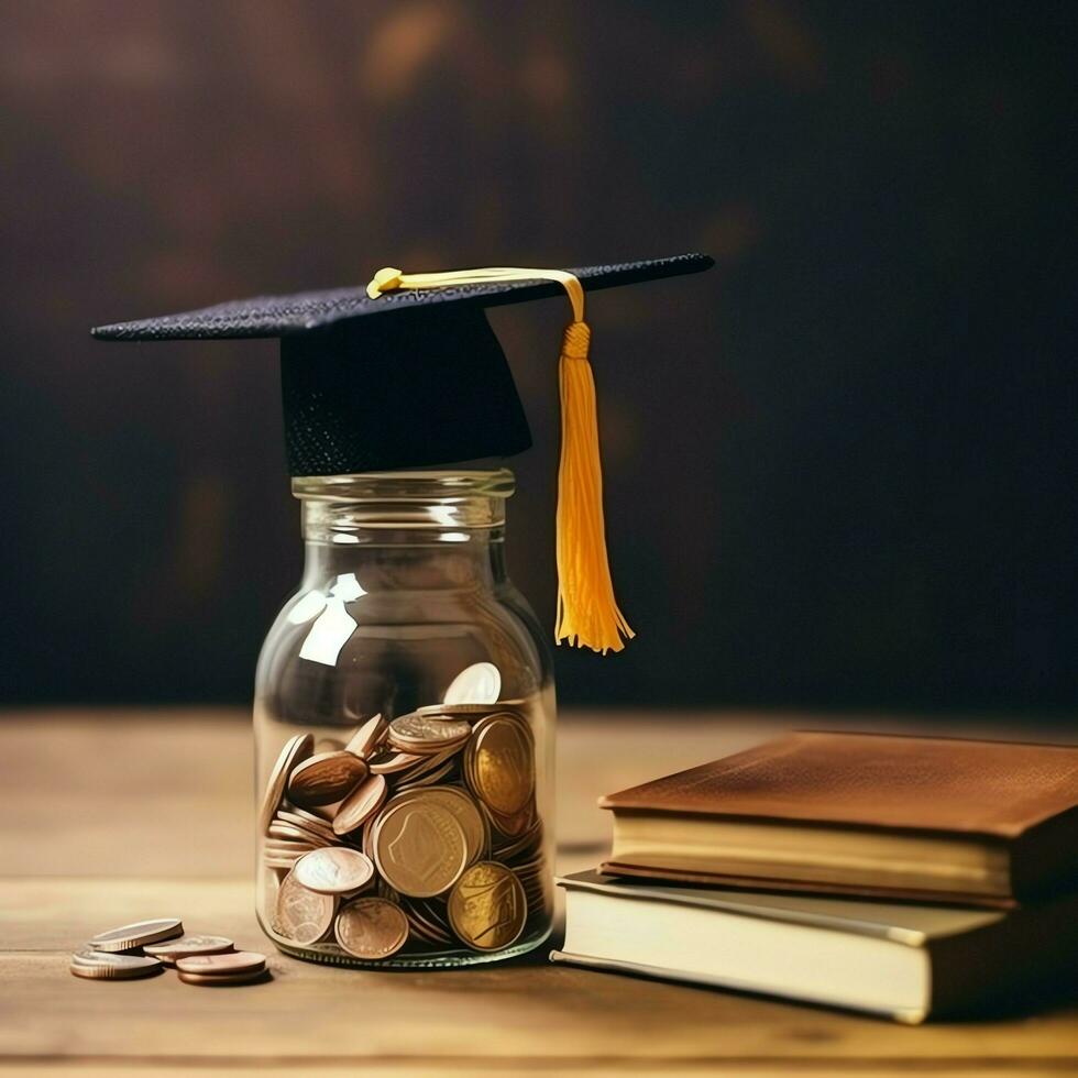 A glass bottle with stack of coins money and a graduation hat on top. Saving money and educational success concept by AI Generated photo